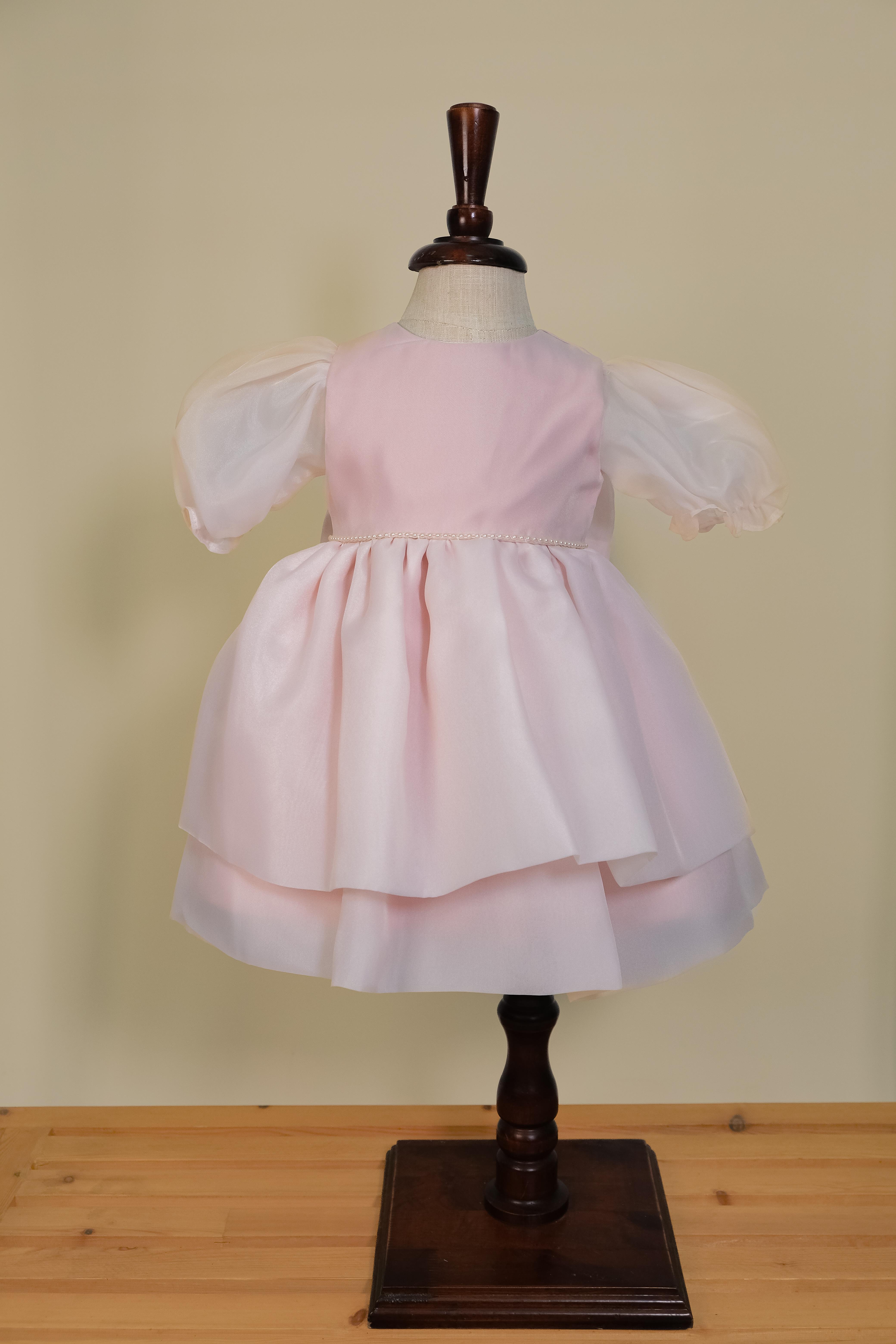 Kız Bebek Pudra Caroline Kumaş Karpuz Kollu Abiye Elbise 6-36 Ay