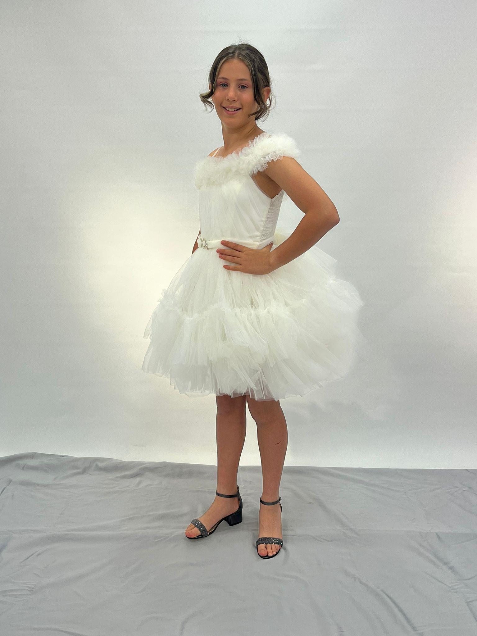 Kız Çocuk Abiye Ekru Askılı Yakası Fırfırlı Beli Tokalı Kısa Kat Tüllü Abiye Elbise 10-14 Yaş