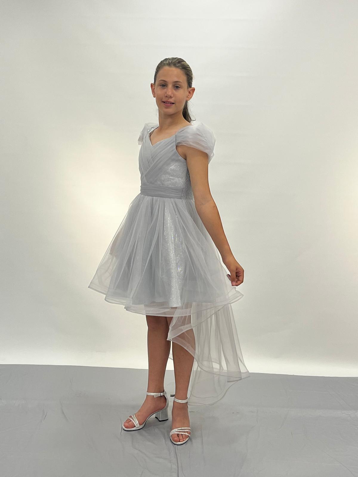 Kız Çocuk Abiye Gri Askılı Düşük Kollu Kuyruklu Abiye Elbise 10-14 Yaş