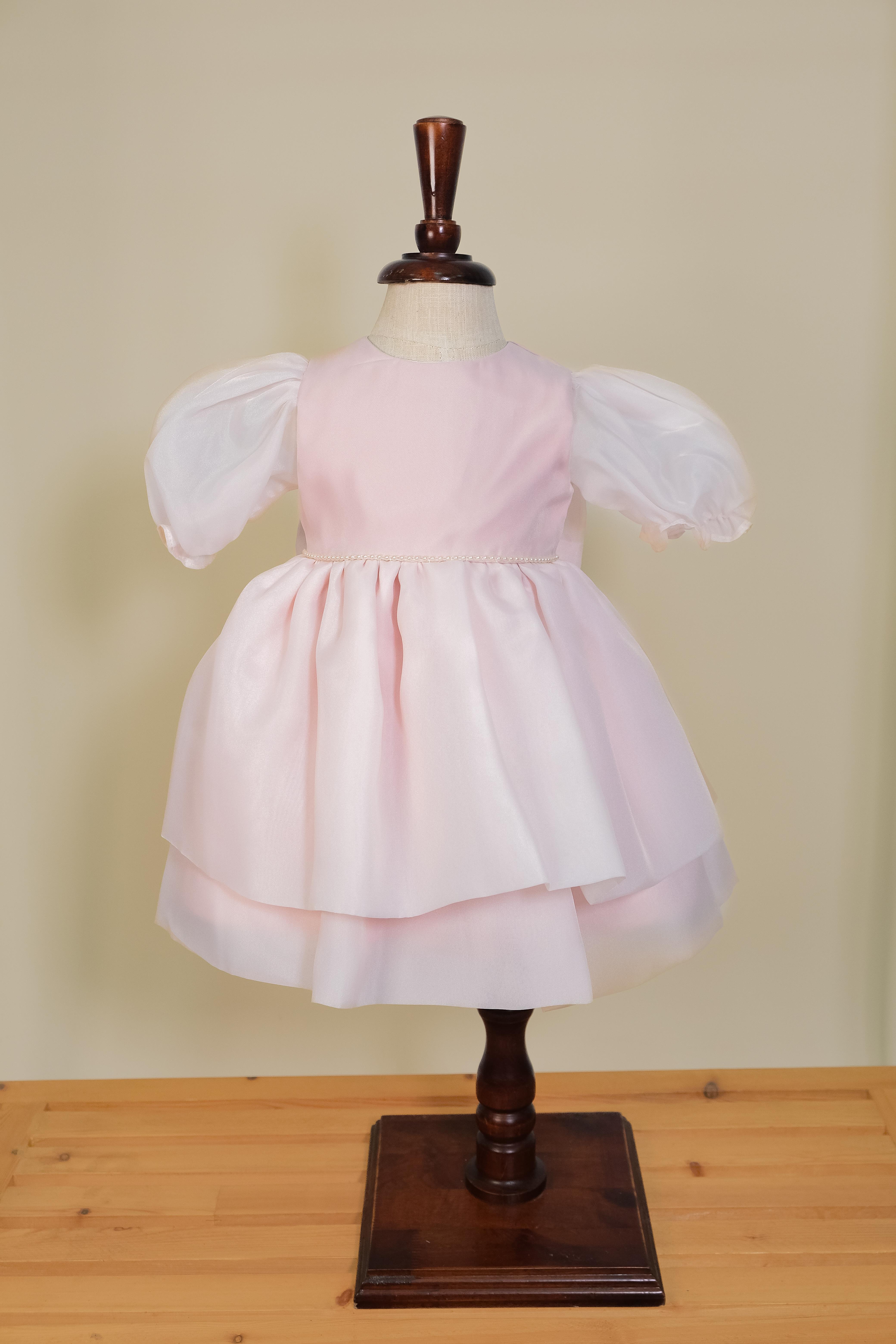 Kız Bebek Pudra Caroline Kumaş Karpuz Kollu Abiye Elbise 6-36 Ay