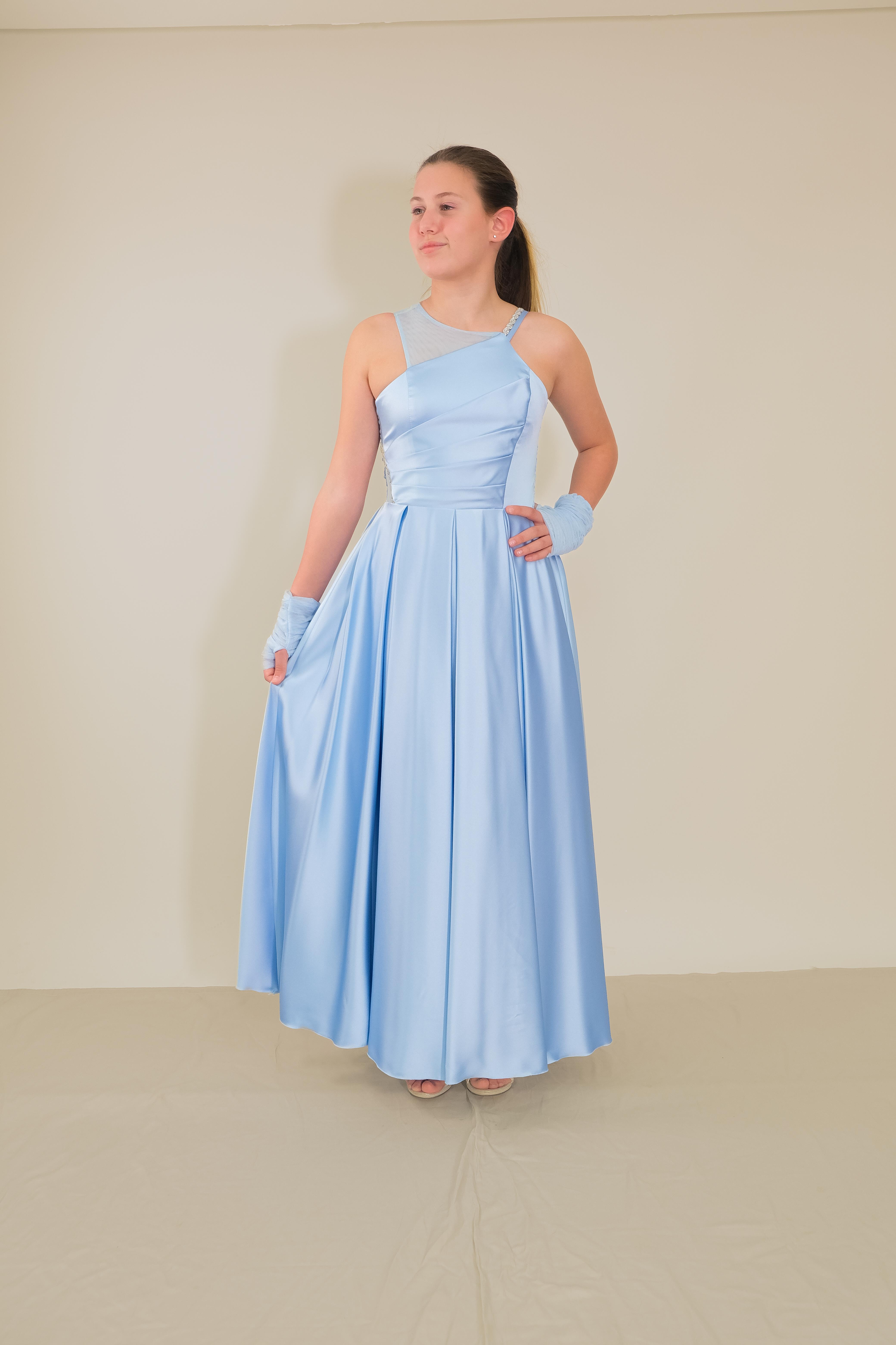 Kız Çocuk Abiye Bebe Mavi Uzun Saten  Asimetrik Yaka Örgü Taş Askı Tül Eldivenli Abiye Elbise 10-15 Yaş