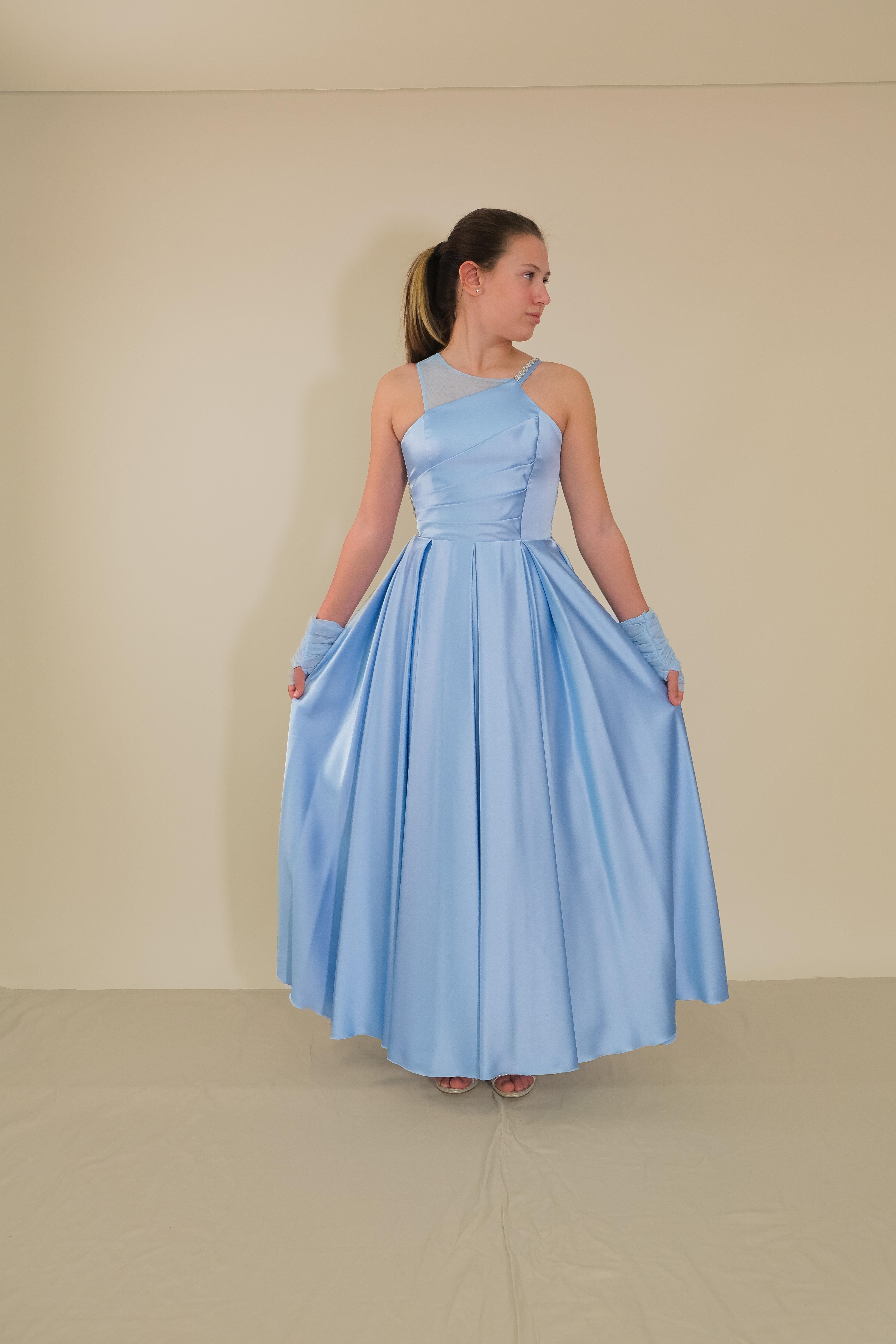 Kız Çocuk Abiye Bebe Mavi Uzun Saten  Asimetrik Yaka Örgü Taş Askı Tül Eldivenli Abiye Elbise 10-15 Yaş