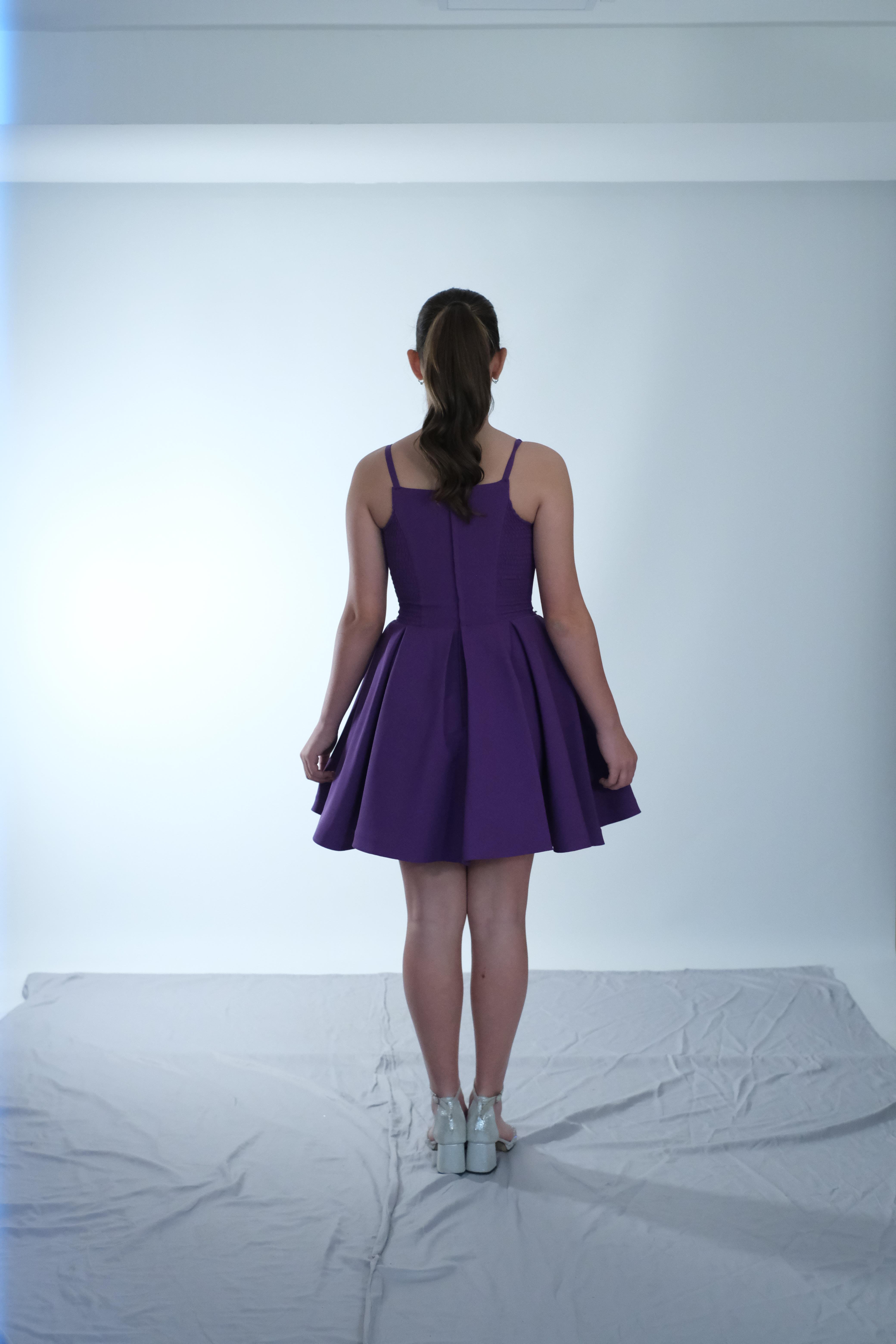 Kız Çocuk Abiye Mor Krep Kumaş  Askılı  Drapeli Beli Örgü Taş Detaylı Abiye Elbise 10-15 Yaş