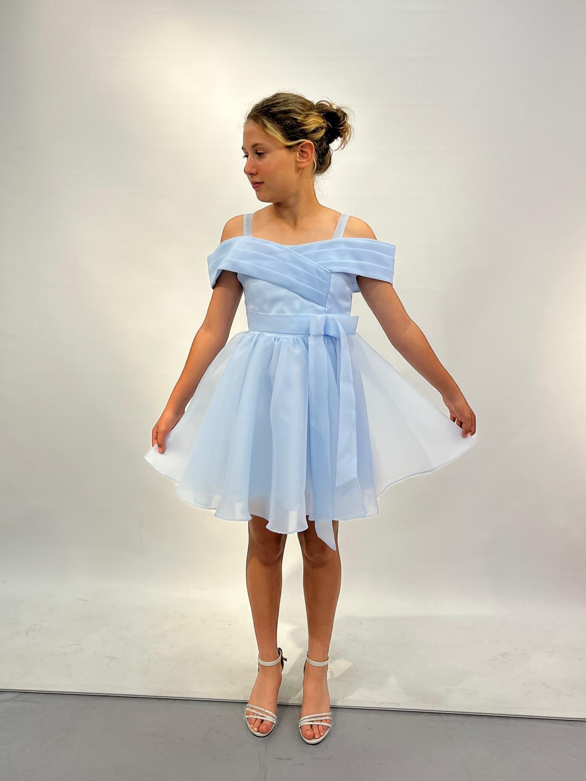 Kız Çocuk Abiye Mavi Askılı Düşük Omuzlu Kısa Şifon Abiye Elbise 10-14 Yaş