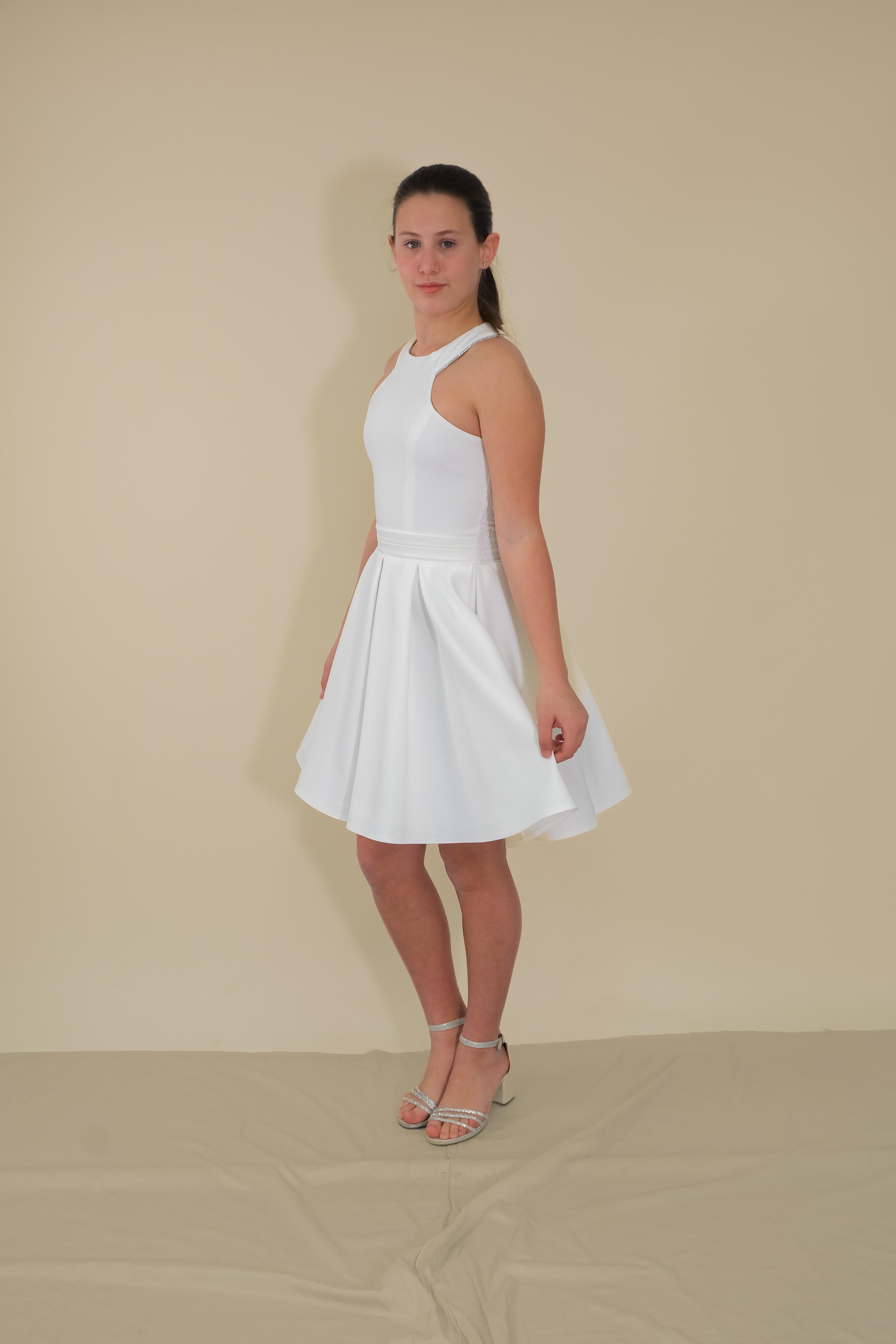 Kız Çocuk Abiye Krem Krep Kumaş Halter Yaka Sırt Fiyonk Şerit Taş Detaylı Abiye 10-15 Yaş