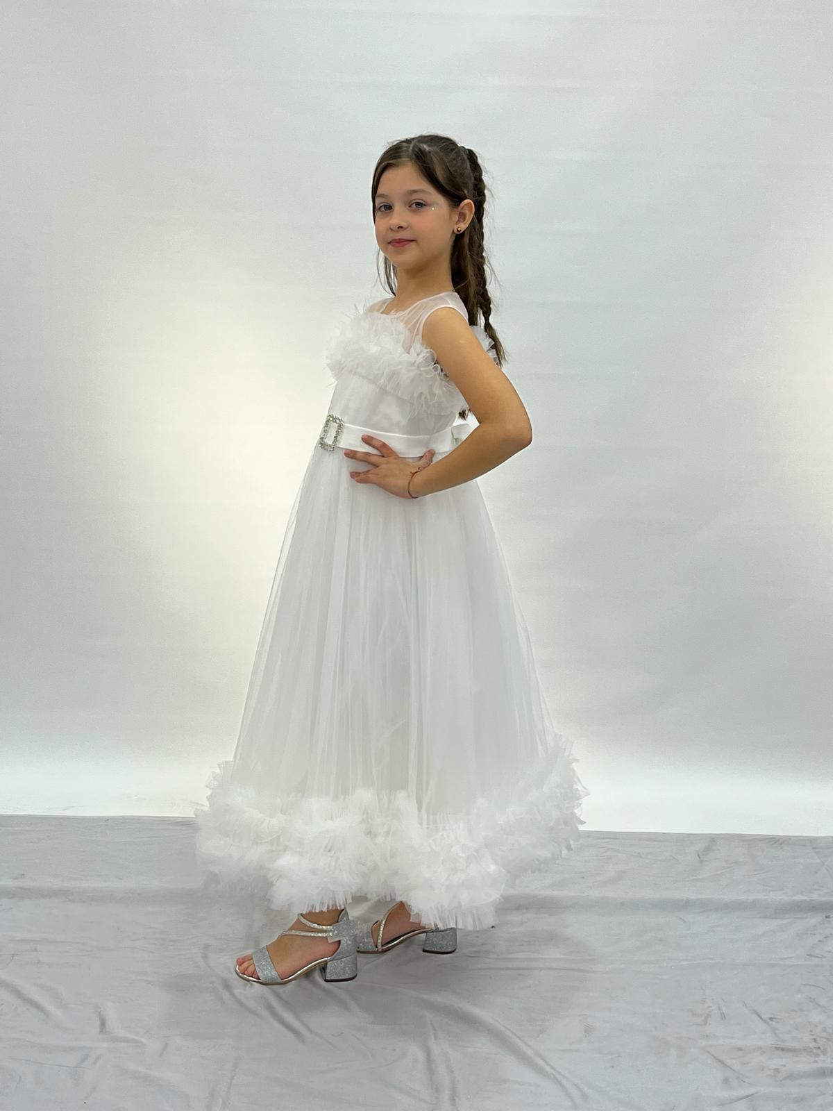 Kız Çocuk Beyaz Uzun Tüllü Etek Uçları Fırfırlı Beli Kemer Tokalı Abiye Elbise 6-14 Yaş