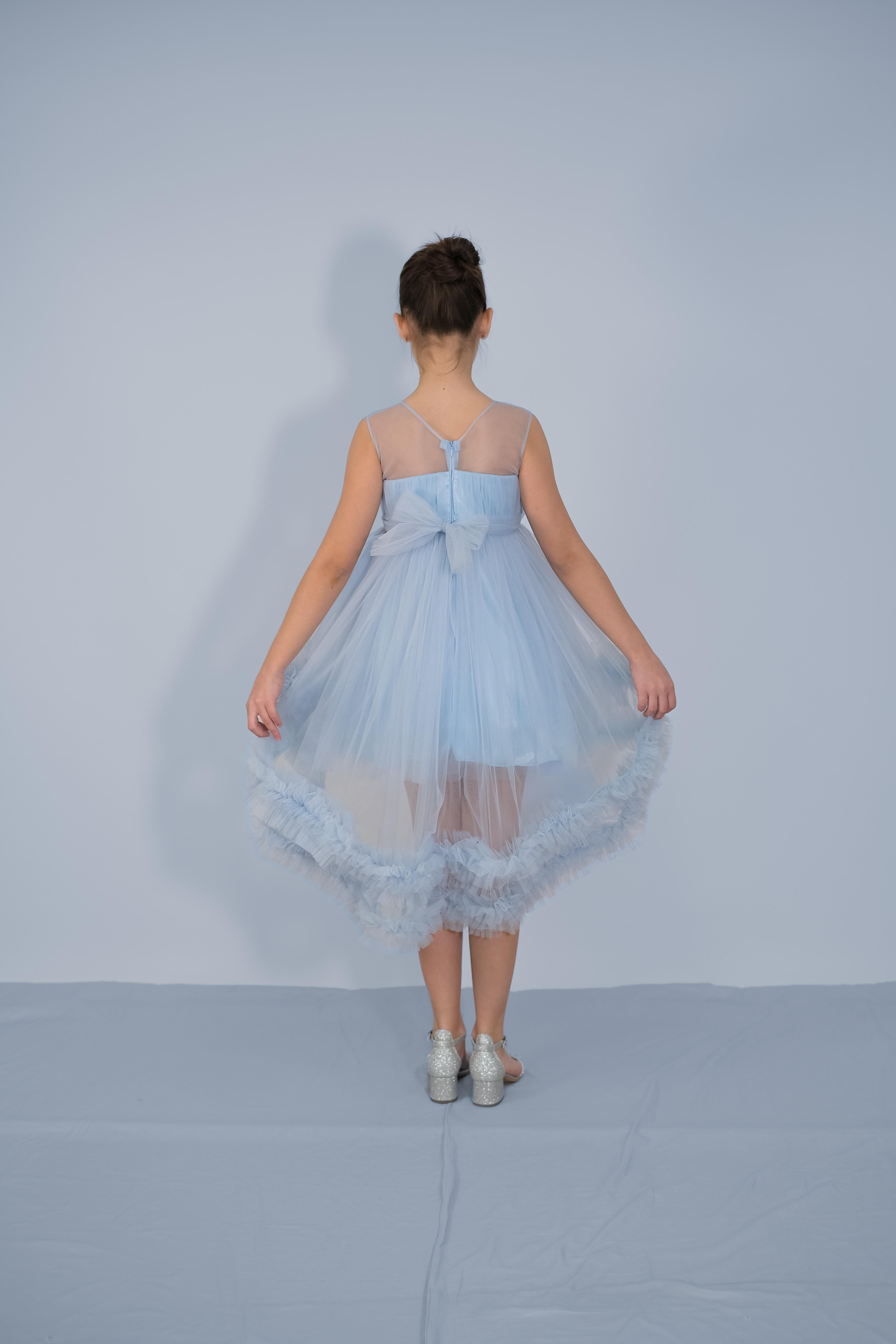 Kız Çocuk Abiye Mavi Etekleri Fırfırlı Kuyruklu Beli Çiçekli Abiye 6-10 Yaş