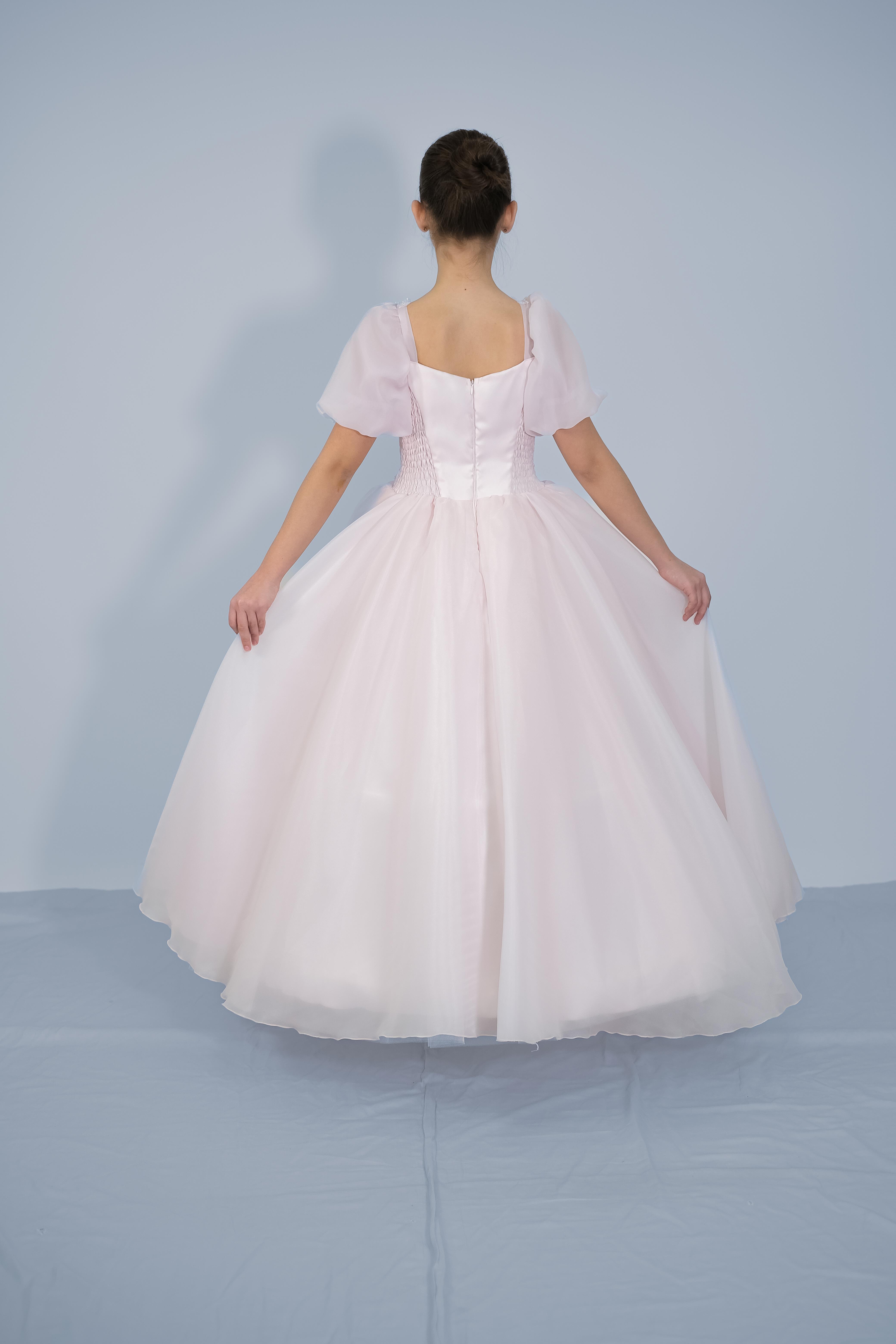 Kız Çocuk Abiye Pudra Balon Kollu Omuz ve Bel Boncuk Taş İşlemeli  Şifon Gelinlik 2-11 Yaş