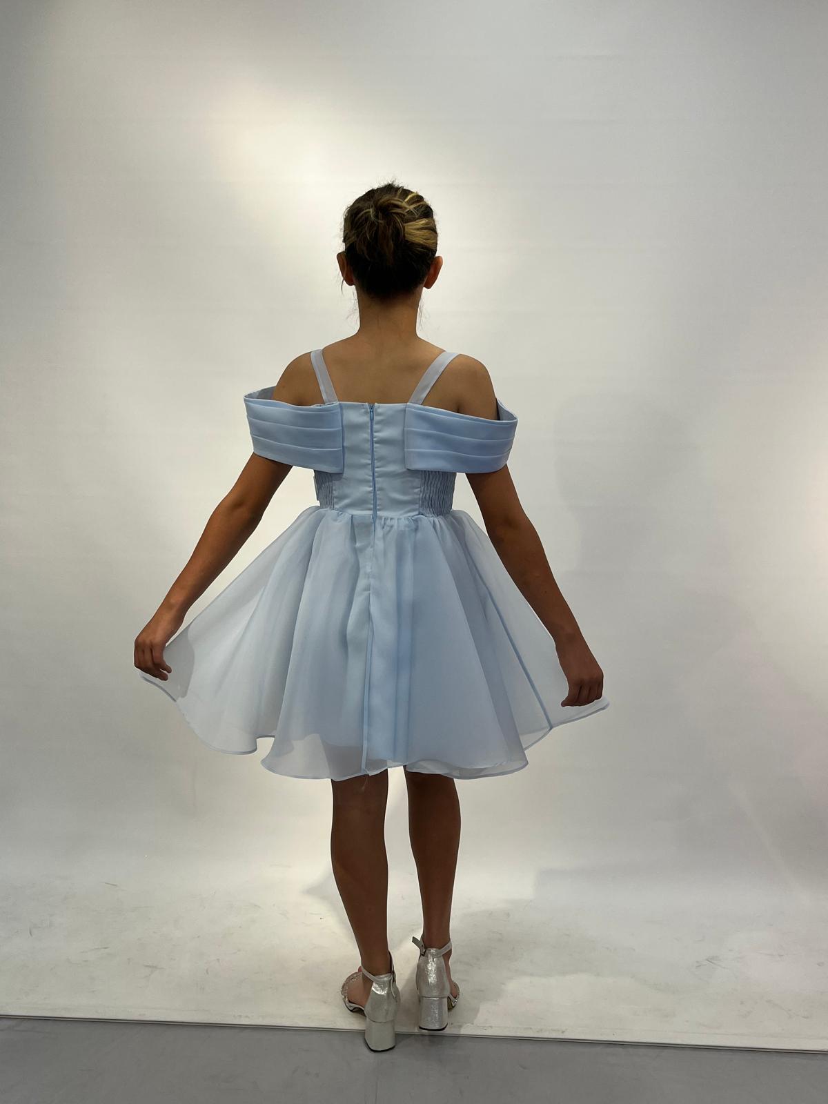 Kız Çocuk Abiye Mavi Askılı Düşük Omuzlu Kısa Şifon Abiye Elbise 10-14 Yaş