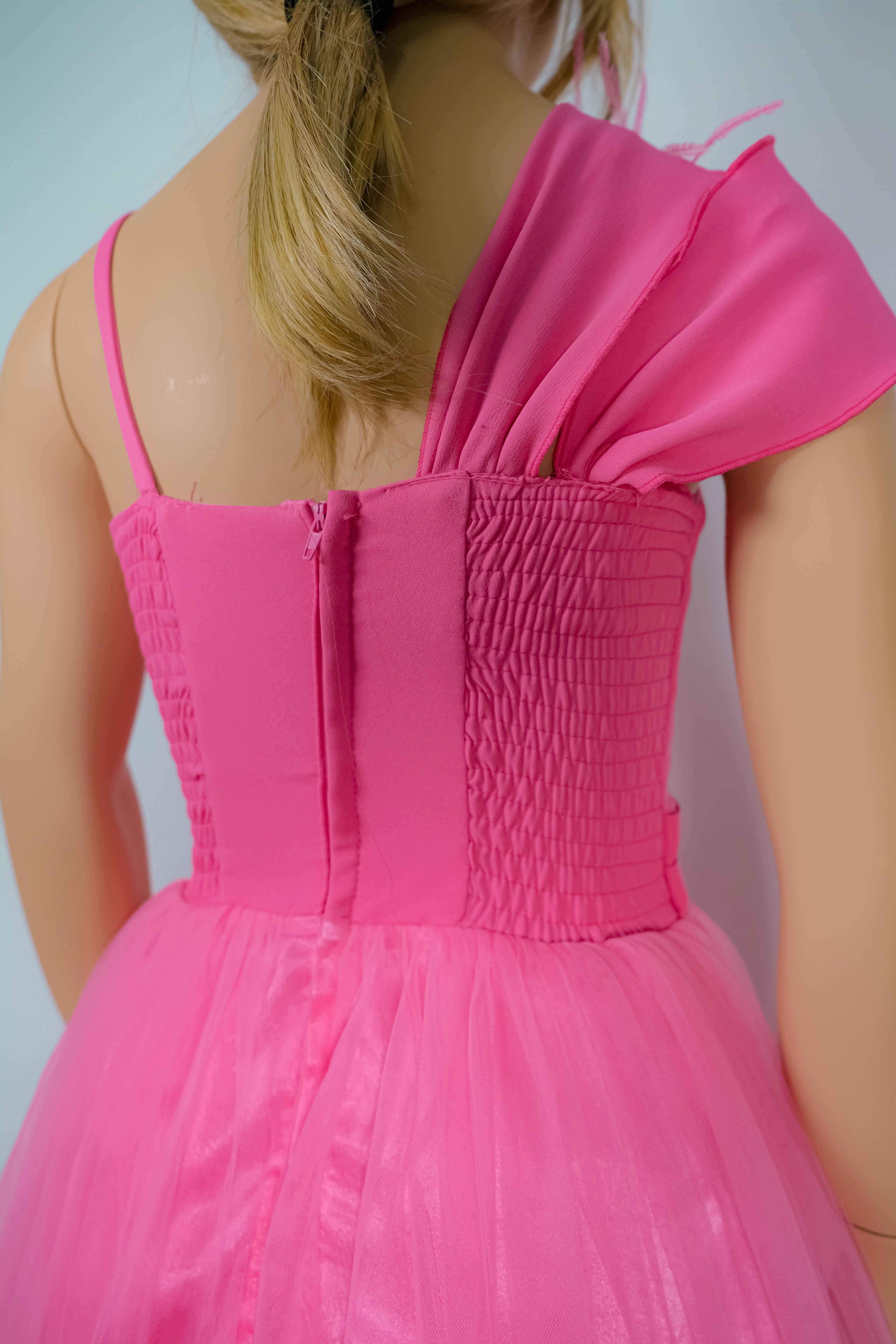 Kız Çocuk Abiye Elbise Pembe Yakası Taşlı Abiye Elbise 5-10 Yaş