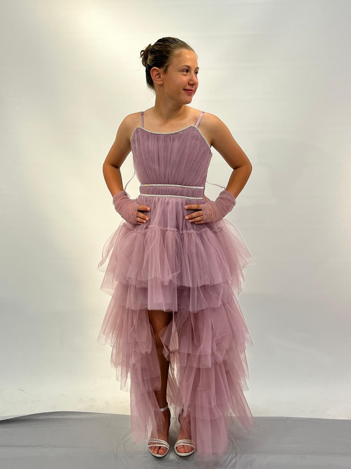 Kız Çocuk Abiye Lila Askılı Eldivenli Kuyruklu Straplez Olabilen Abiye Elbise 10-15 Yaş