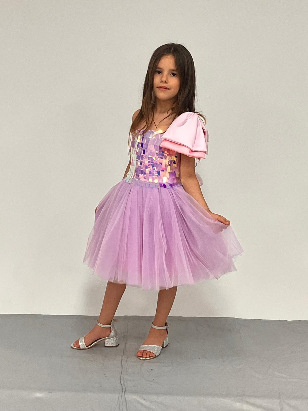 Kız Çocuk Askılı Tek Omuz Kurdele Detaylı  Payetli Tüllü Abiye Elbise 4-8 Yaş Yaş