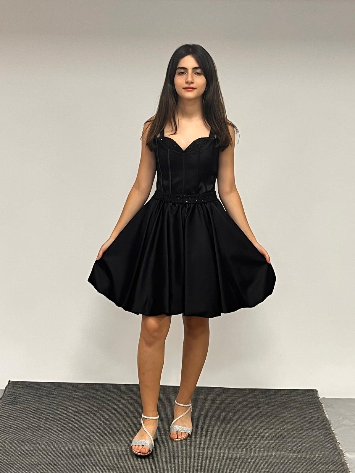 Kız Çocuk Askılı Mini Siyah Pileli Payet Detaylı Kısa Balon Etek Abiye Elbise 10-15 Yaş