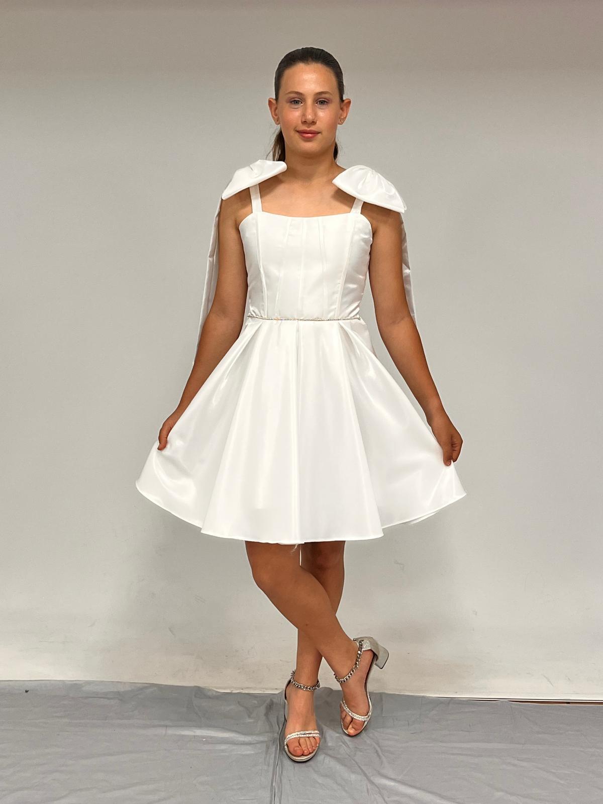 Kız Çocuk Abiye Askılı Krem Parlak Kumaş Kısa Askısı Kurdela Detaylı Abiye Elbise 10-15 Yaş