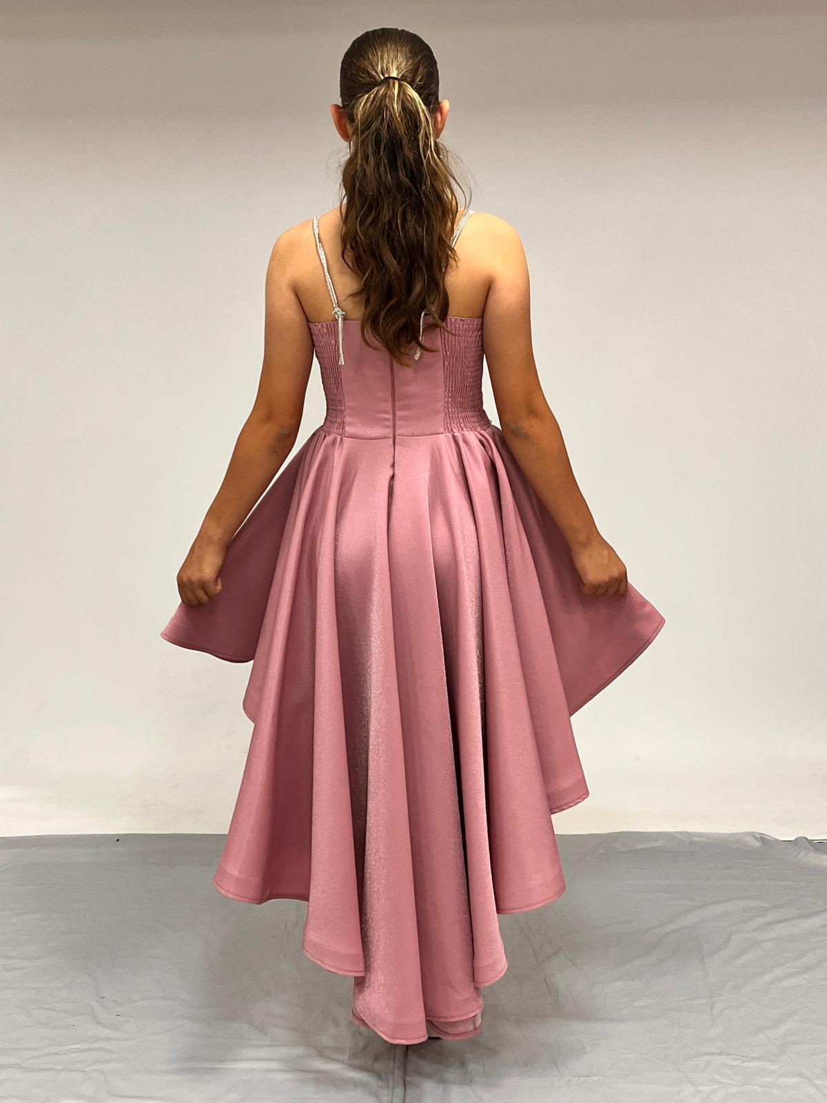 Kız Çocuk Abiye Gül Kurusu Kordon Taş Askılı Sunsihe Kumaş Kuyruklu Abiye Elbise 10-15 Yaş