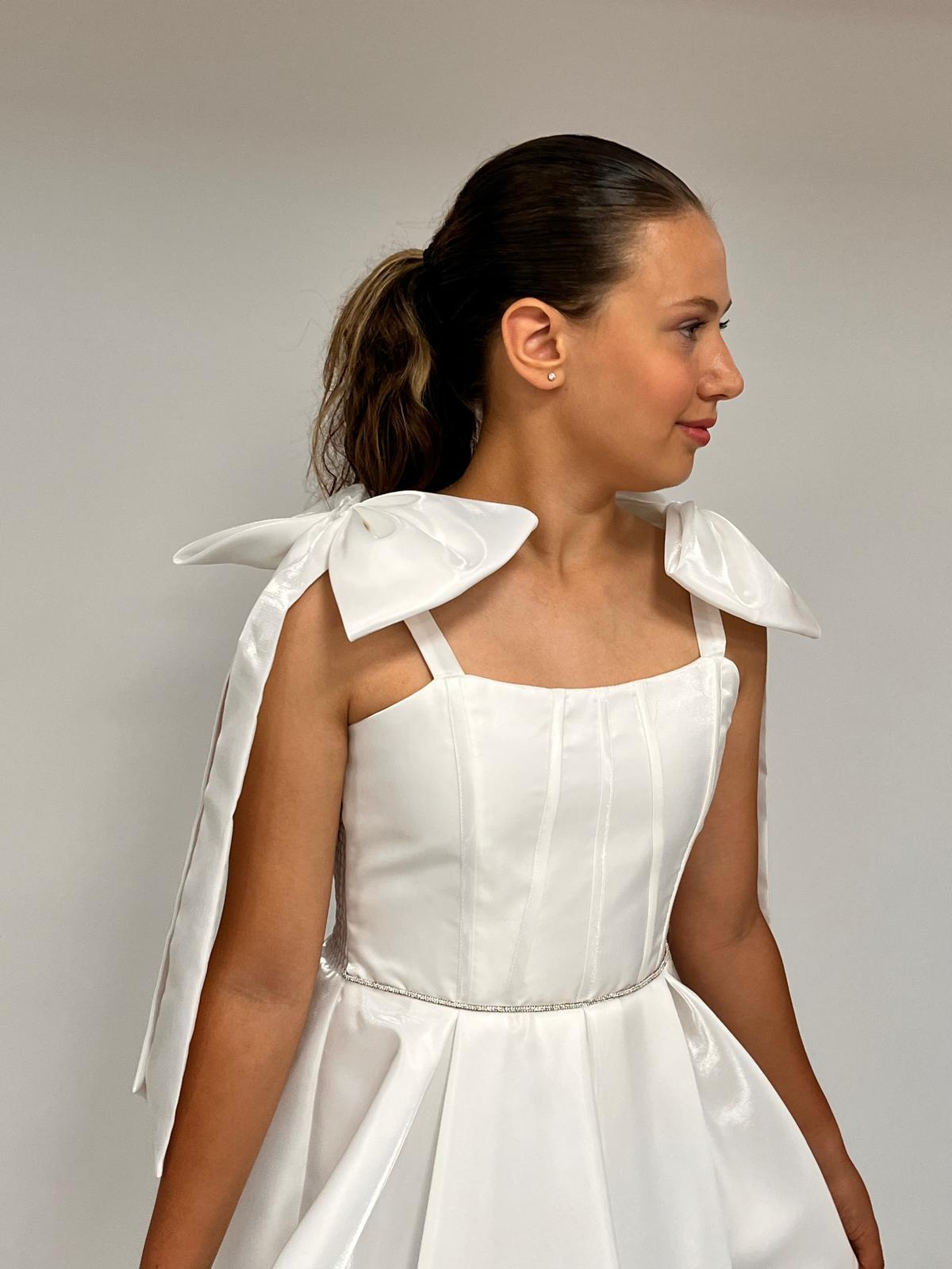 Kız Çocuk Abiye Askılı Krem Parlak Kumaş Kısa Askısı Kurdela Detaylı Abiye Elbise 10-15 Yaş