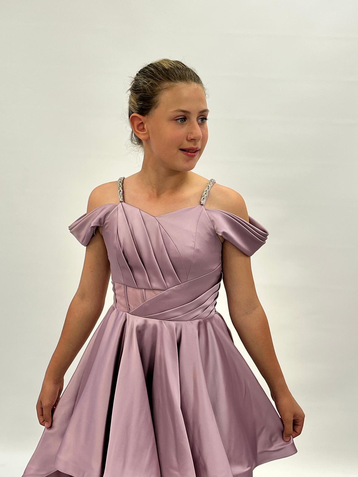 Kız Çocuk Lila Saten Askılı Omuz Taş Detaylı Kuyruklu Abiye Elbise 10-15 Yaş