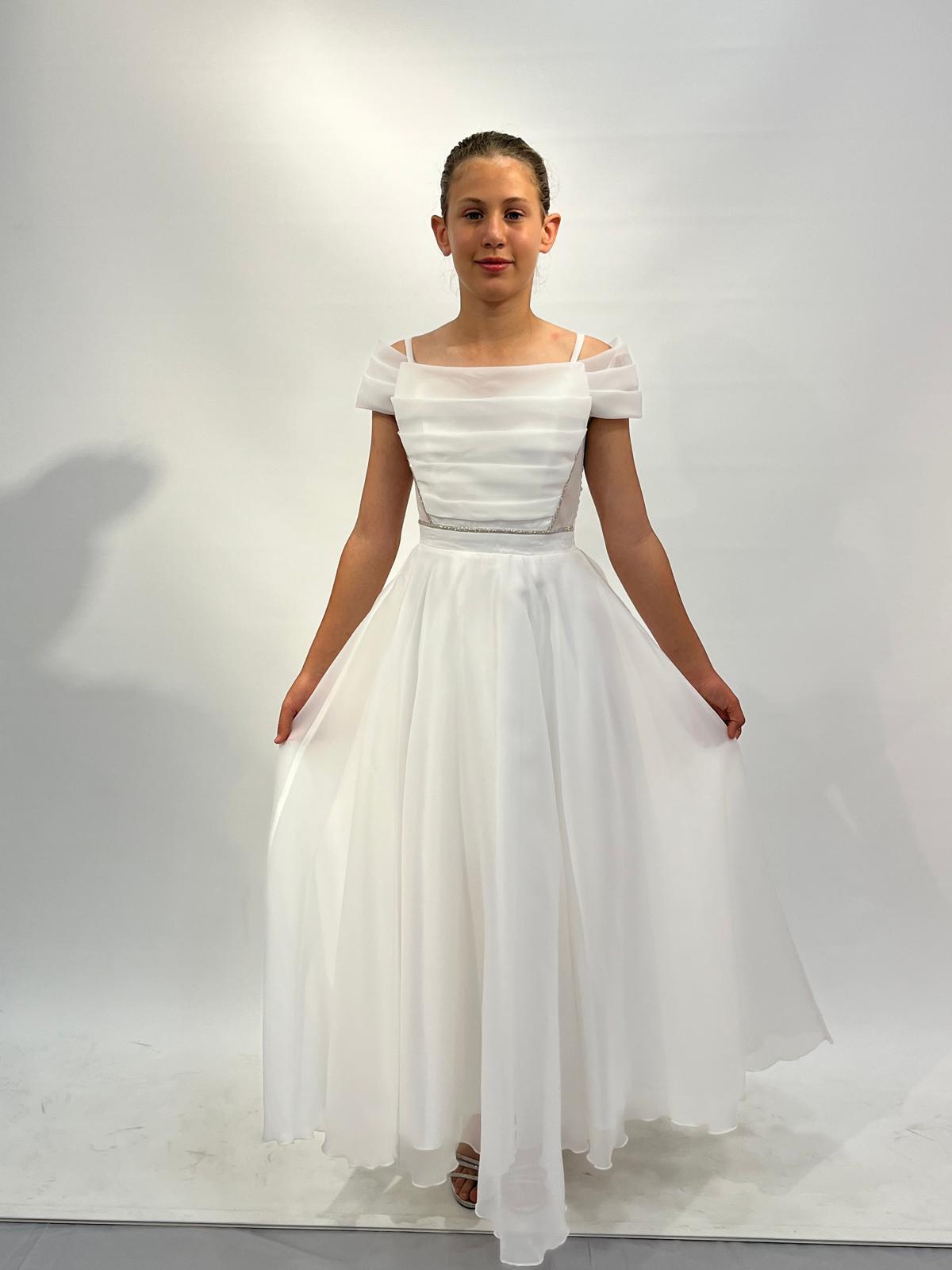 Kız Çocuk Abiye Krem Askılı Uzun Şifon Kolları Çıkabilen Drape Yaka Abiye Elbise 10-15 Yaş