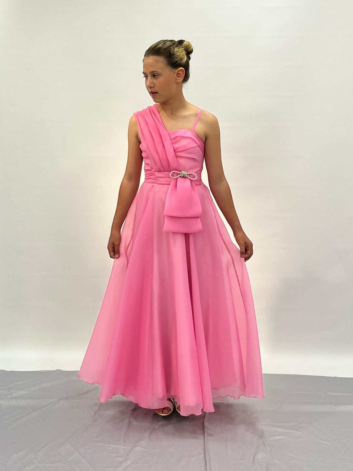 Kız Çocuk Abiye Pembe Şifon Taş Kordon Detaylı Abiye Elbise 10-15 Yaş