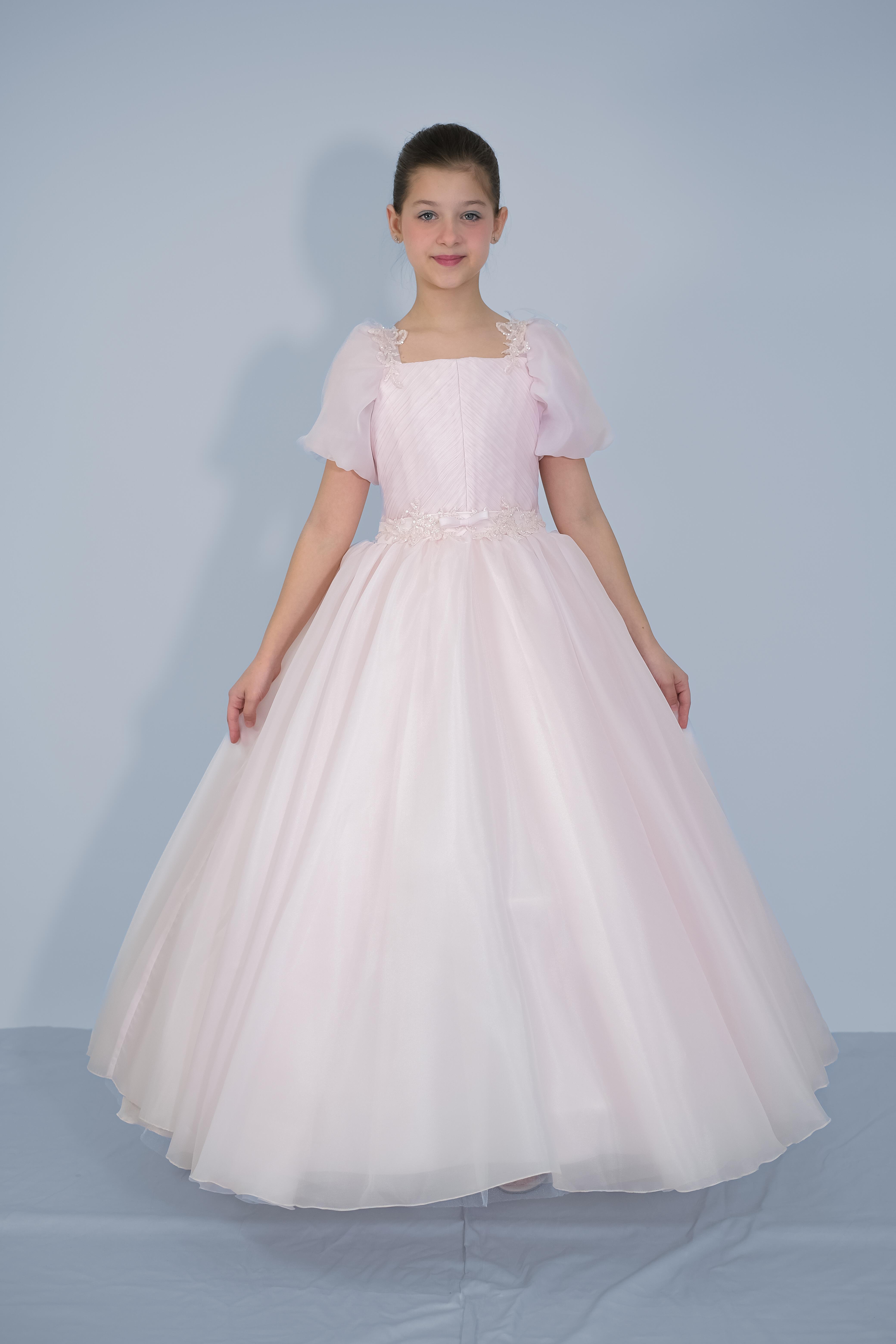 Kız Çocuk Abiye Pudra Balon Kollu Omuz ve Bel Boncuk Taş İşlemeli  Şifon Gelinlik 2-11 Yaş