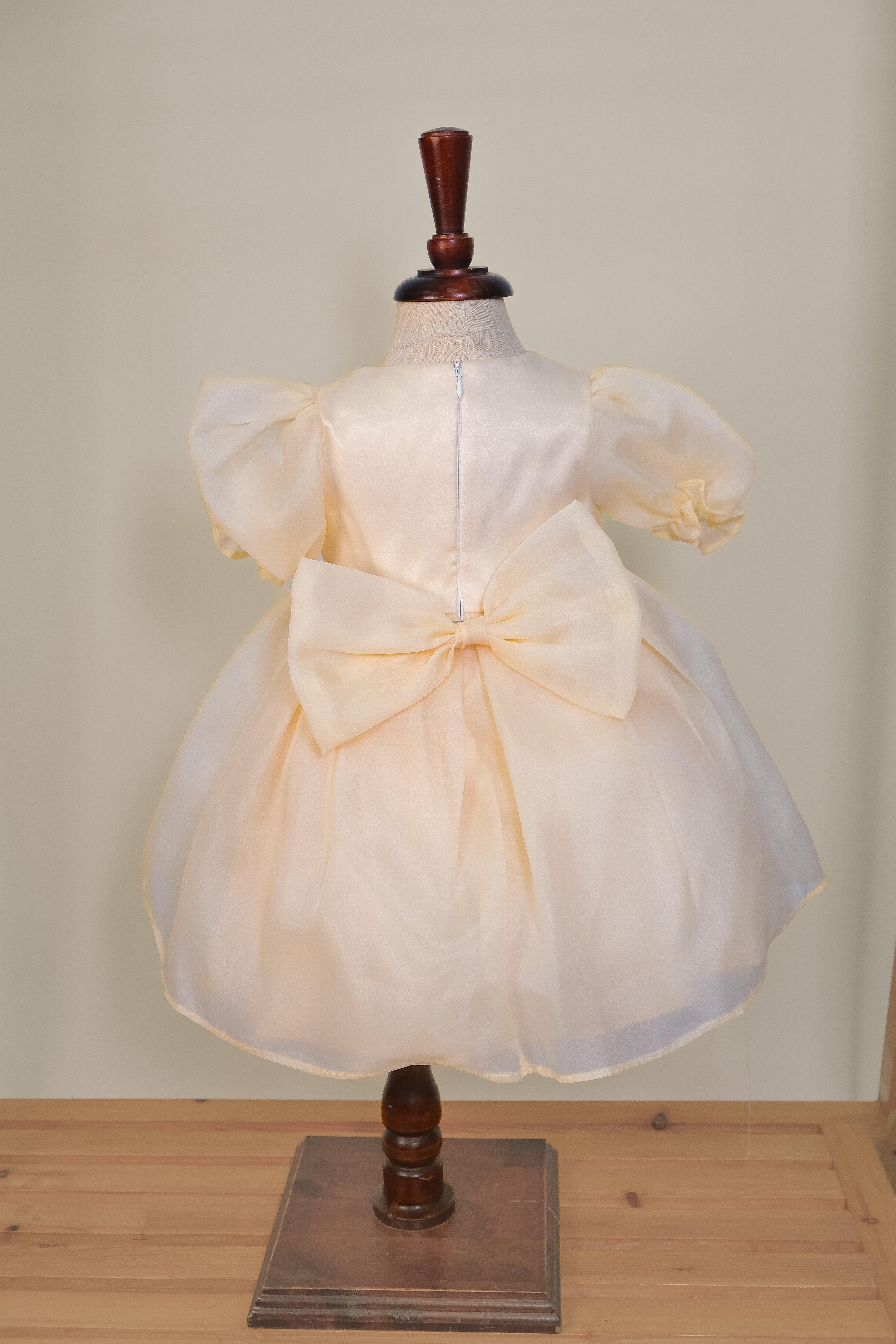 Kız Bebek Gold Karpuz Kollu Taş Detaylı Abiye Elbise 1-5 Yaş