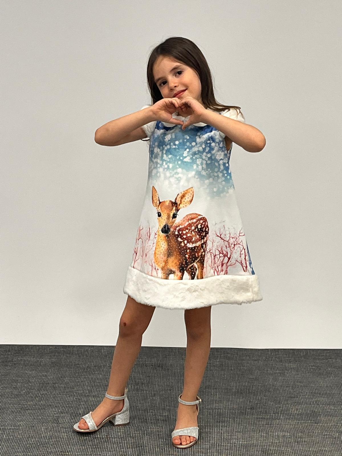 Pamila Kız Çocuk Yakası ve Kolları Kürklü Elbise 1-5 Yaş