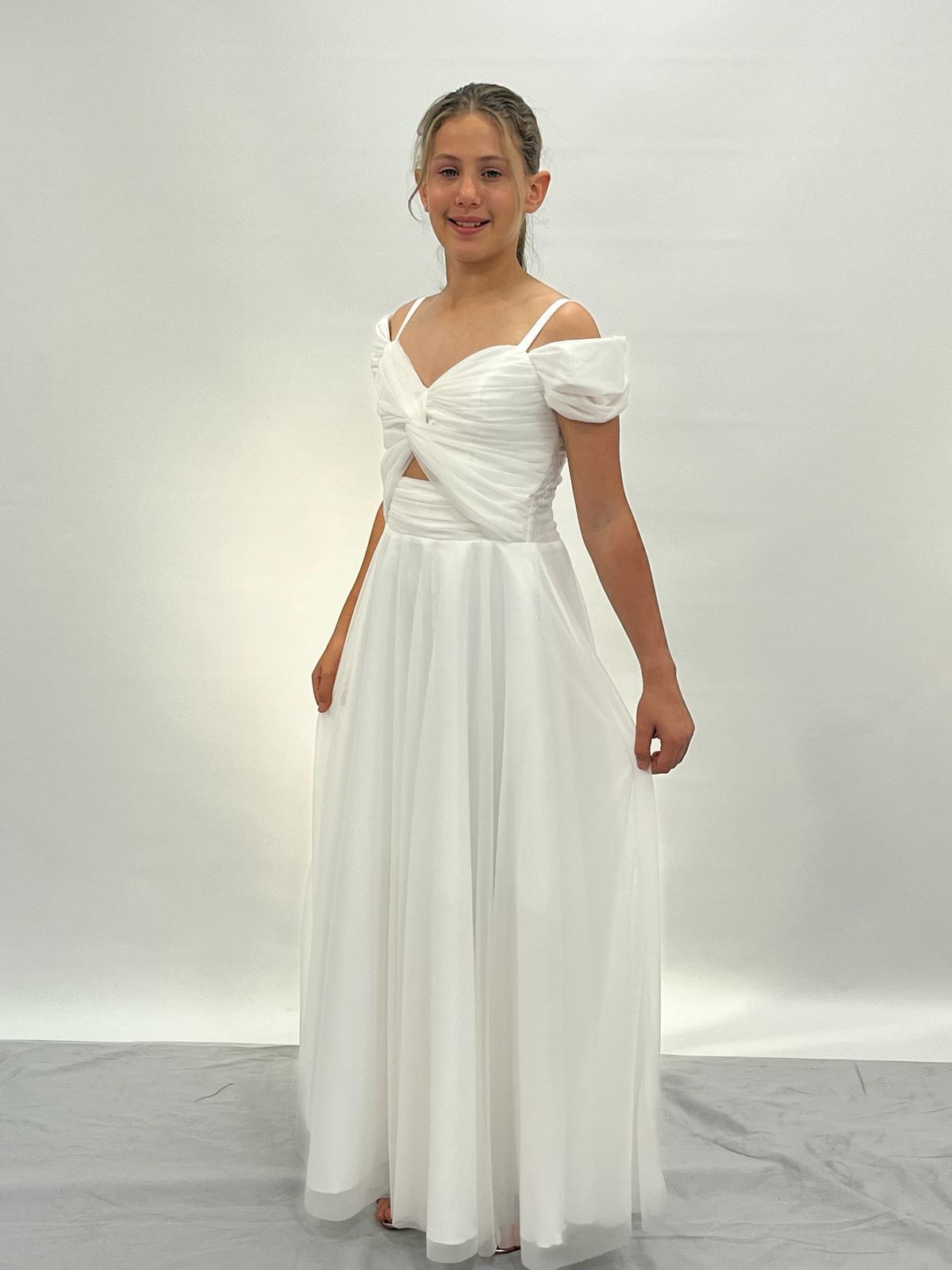 Kız Çocuk Krem Askılı Omuz Detaylı Pırıltılı Tüllü Uzun Abiye Elbise 10-15 Yaş