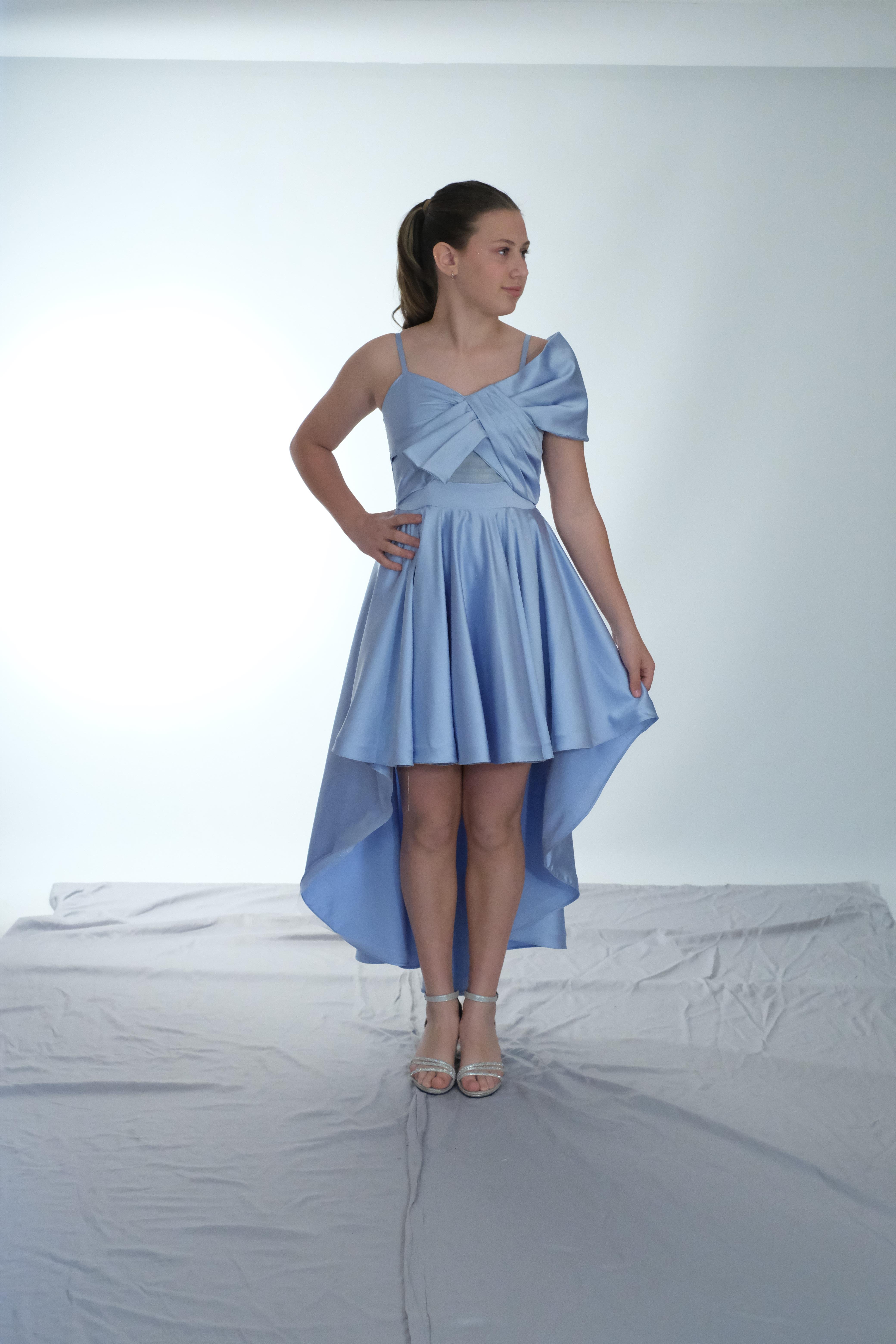 Kız Çocuk Abiye Bebemavi Askılı Saten Kuyruklu Önü Kurdele Detaylı Kız Çocuk Abiye 10-15 Yaş