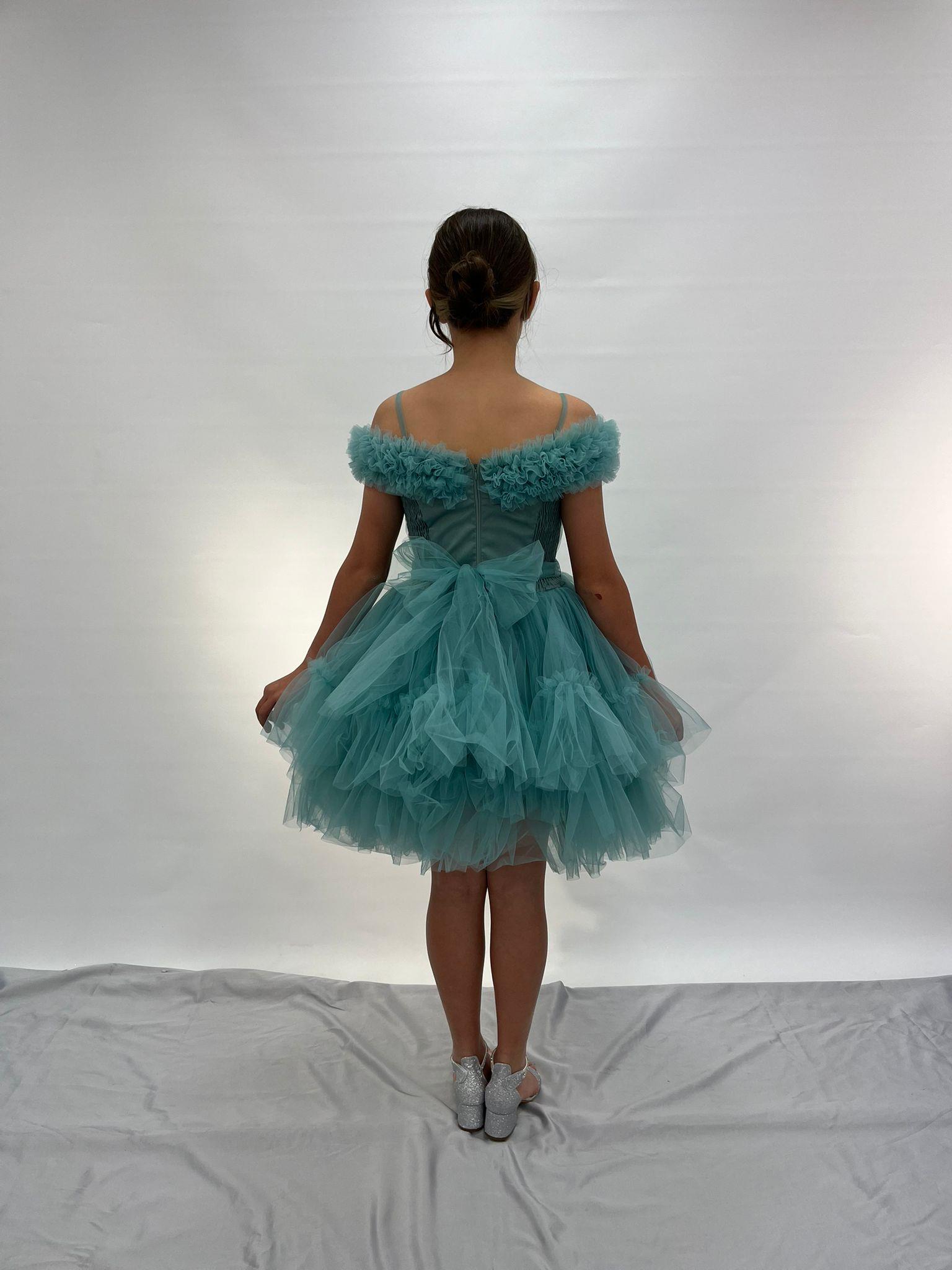 Kız Çocuk Abiye Mint Yeşili Askılı Yakası Fırfırlı Beli Tokalı Kısa Kat Tüllü Abiye Elbise 10-14 Yaş