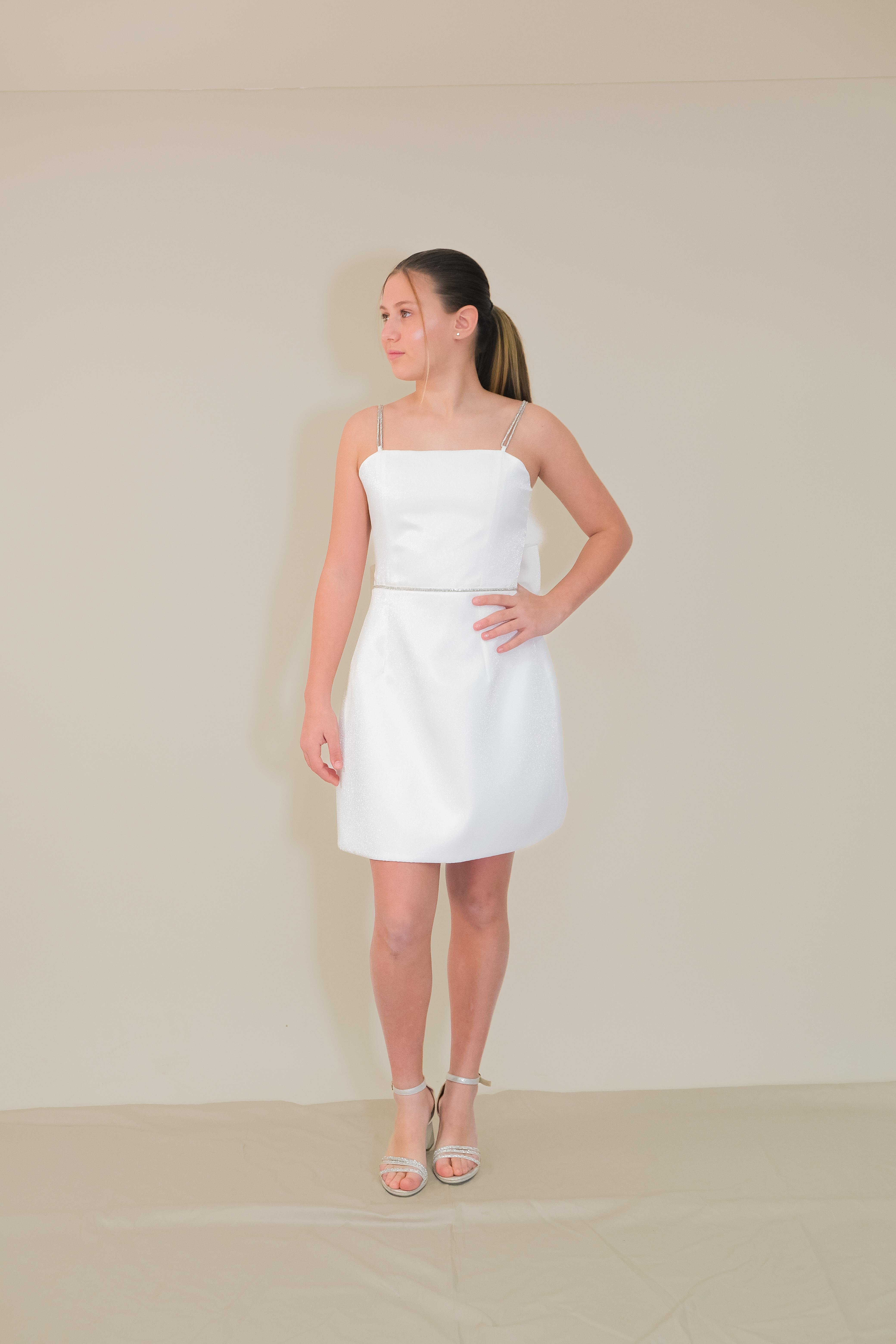 Kız Çocuk Abiye Kordon Taş Askılı Sunsihe Kumaş Krem Mini Çan Elbise 10-15 Yaş