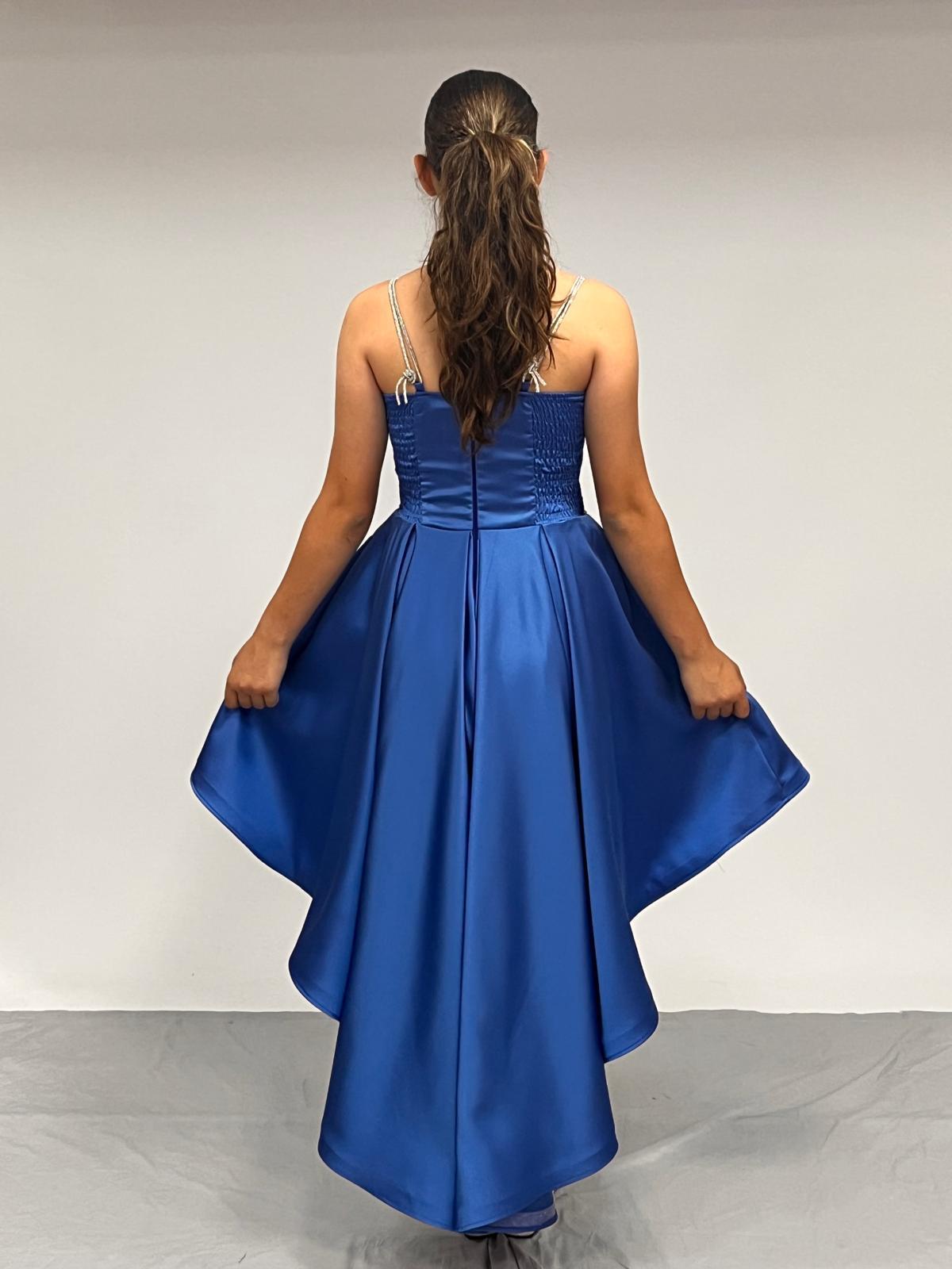 Kız Çocuk Abiye İndigo Taş Kordon Askılı Kalp Yaka  Mat Saten Kuyruklu Abiye Elbise 10-15 Yaş