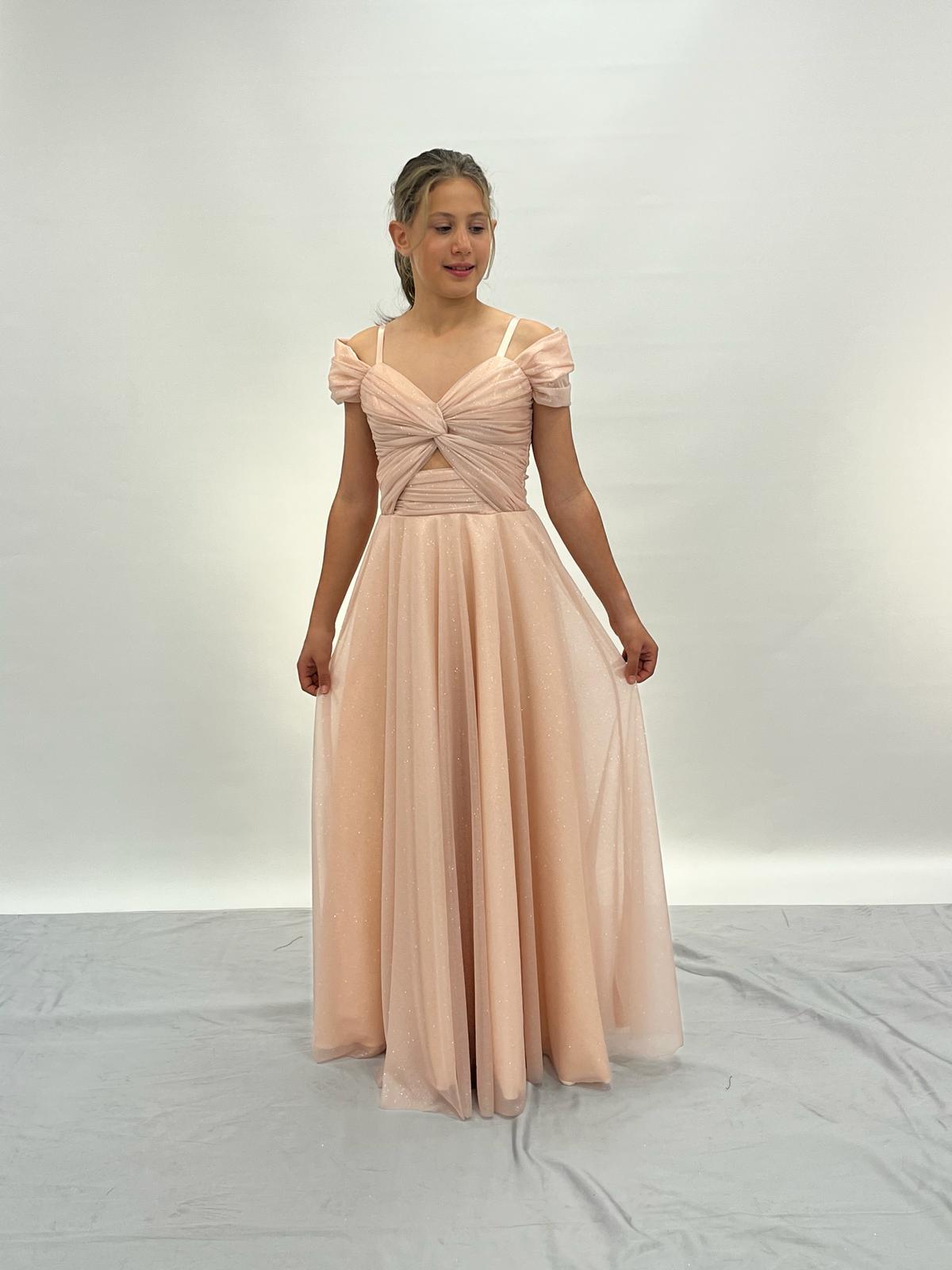 Kız Çocuk Pudra Askılı Omuz Detaylı Pırıltılı Tüllü Uzun Abiye Elbise 10-15 Yaş