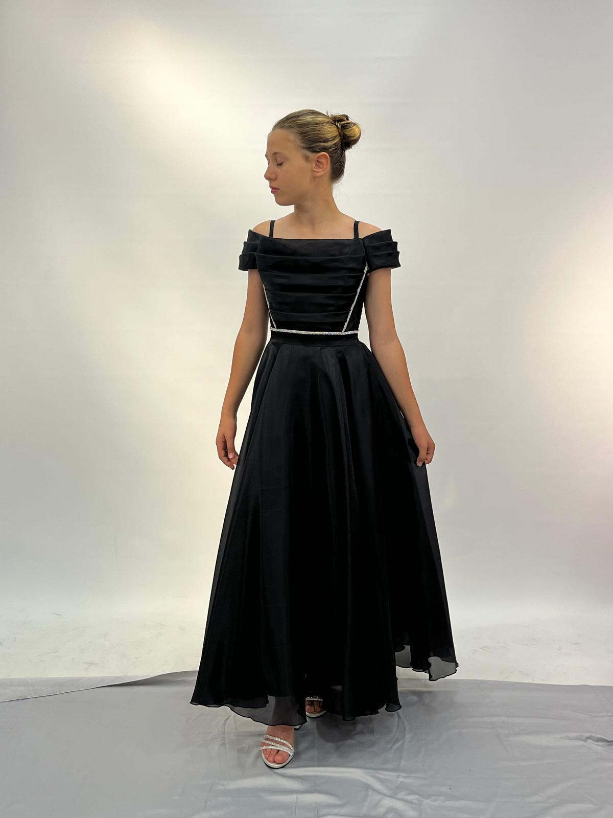 Kız Çocuk Abiye Siyah Askılı  Uzun Şifon Kolları Çıkabilen Drape Yaka  Abiye Elbise 10-15 Yaş