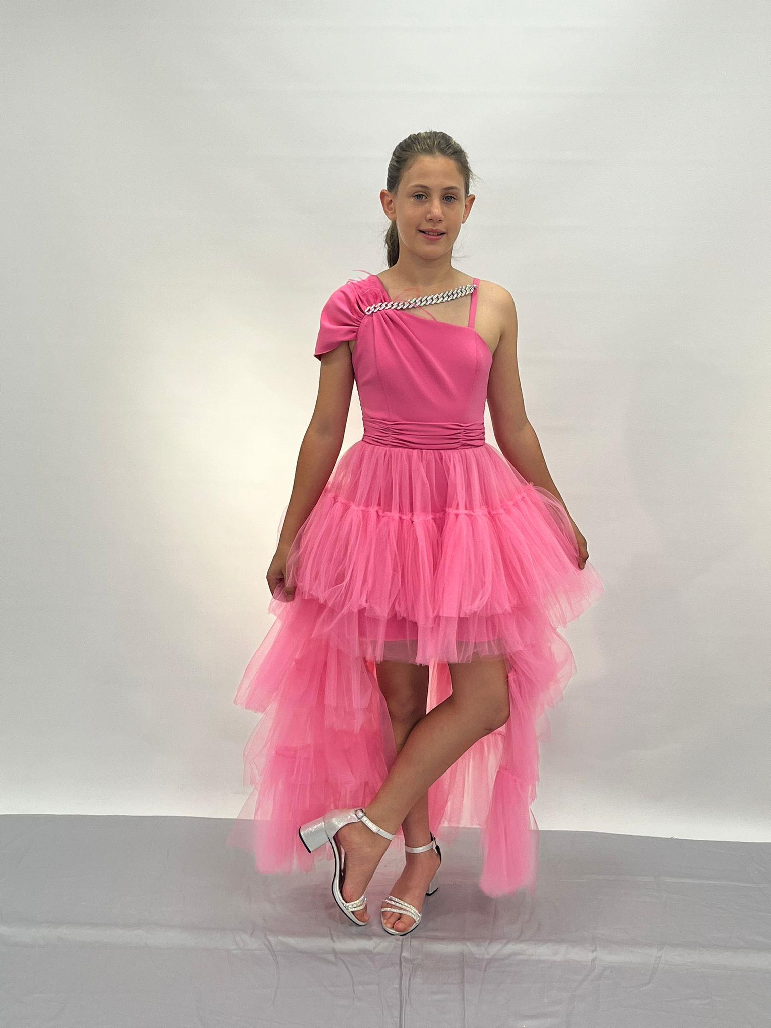 Kız Çocuk Abiye Pembe Tüllü Önü Kısa Kuyruklu Yaka Zincirli Abiye 10-15 Yaş