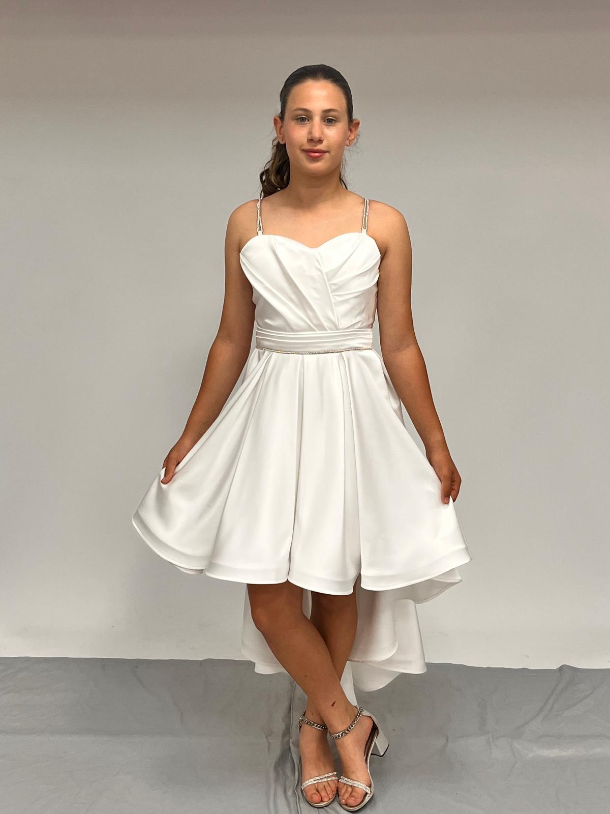 Kız Çocuk Abiye Krem Taş Kordon Askılı Kalp Yaka  Mat Saten Kuyruklu Abiye Elbise 10-15 Yaş