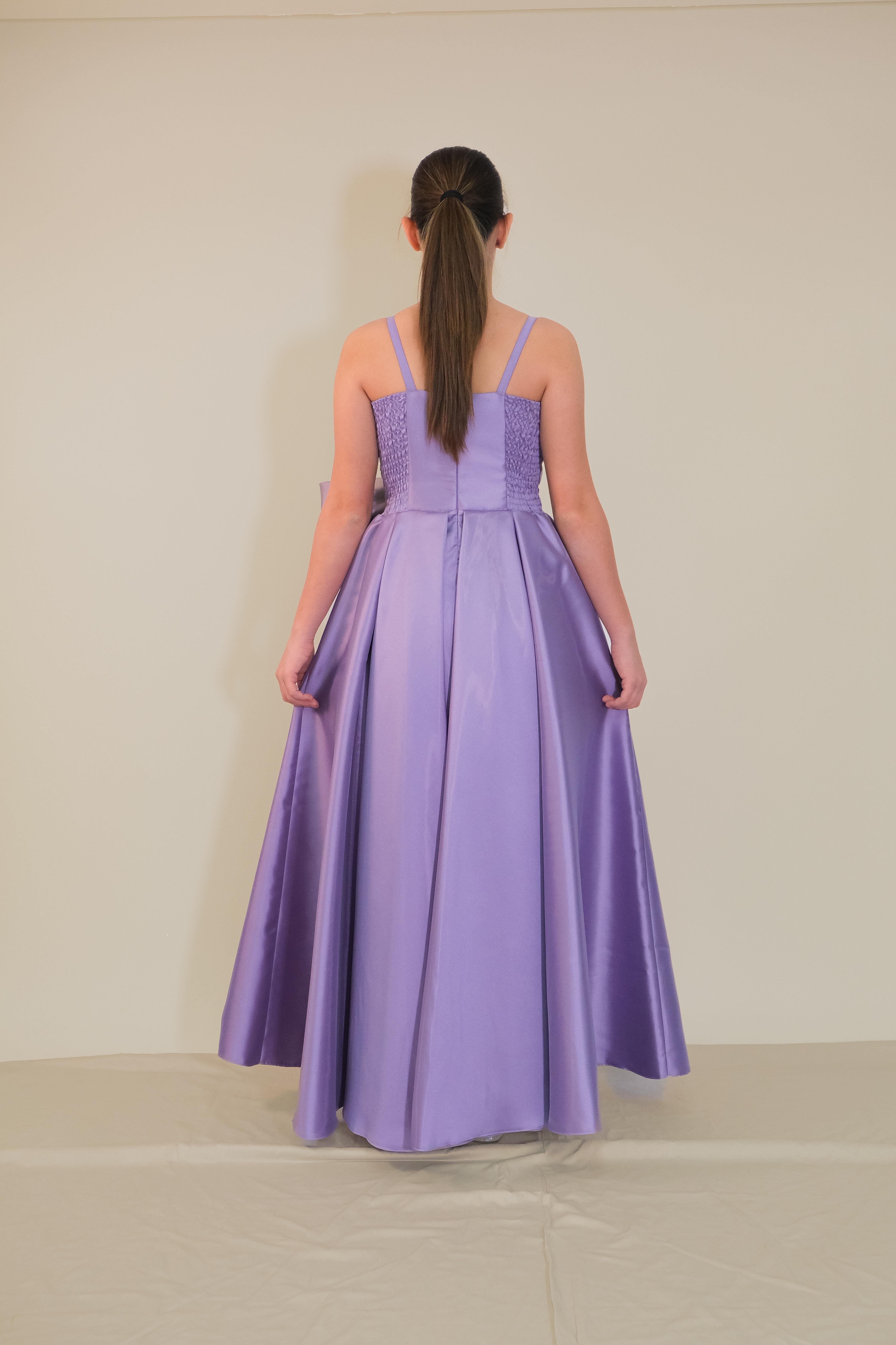 Kız Çocuk Abiye Askılı Lavanta  Mikado Kumaş Kalp Yaka Bel Fiyonk Detaylı Abiye Elbise 10-15 Yaş