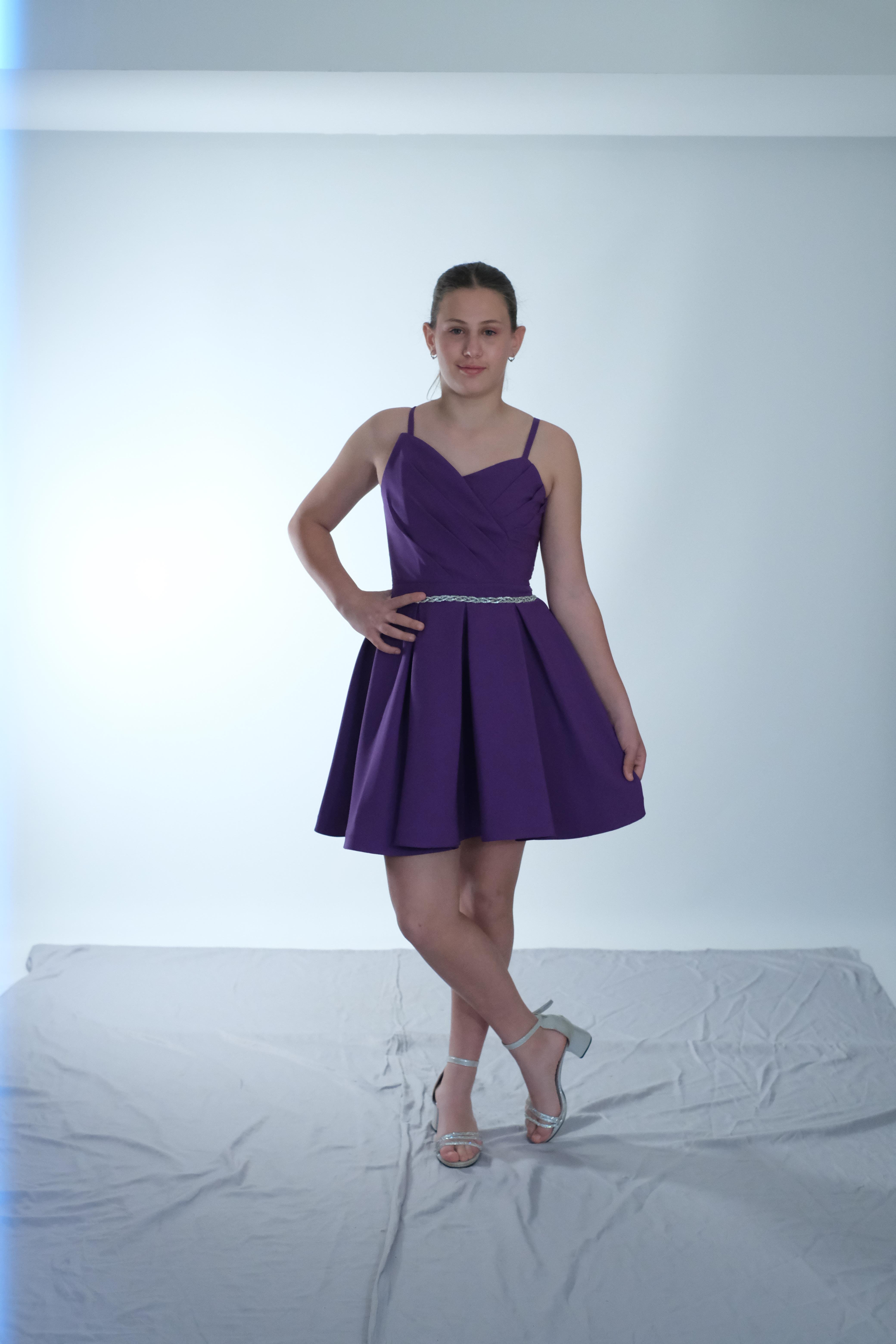 Kız Çocuk Abiye Mor Krep Kumaş  Askılı  Drapeli Beli Örgü Taş Detaylı Abiye Elbise 10-15 Yaş