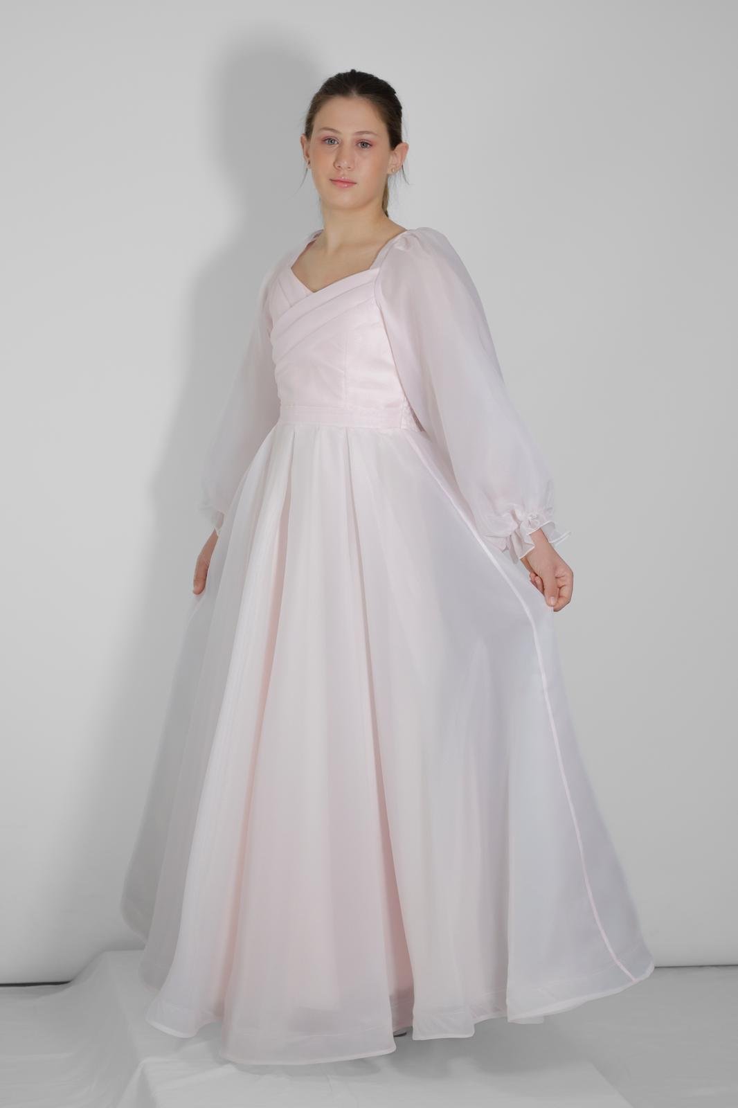 Kız Çocuk Abiye Şifon Uzun Kollu  Pudra Drape Yakalı Abiye Elbise 10-14 Yaş