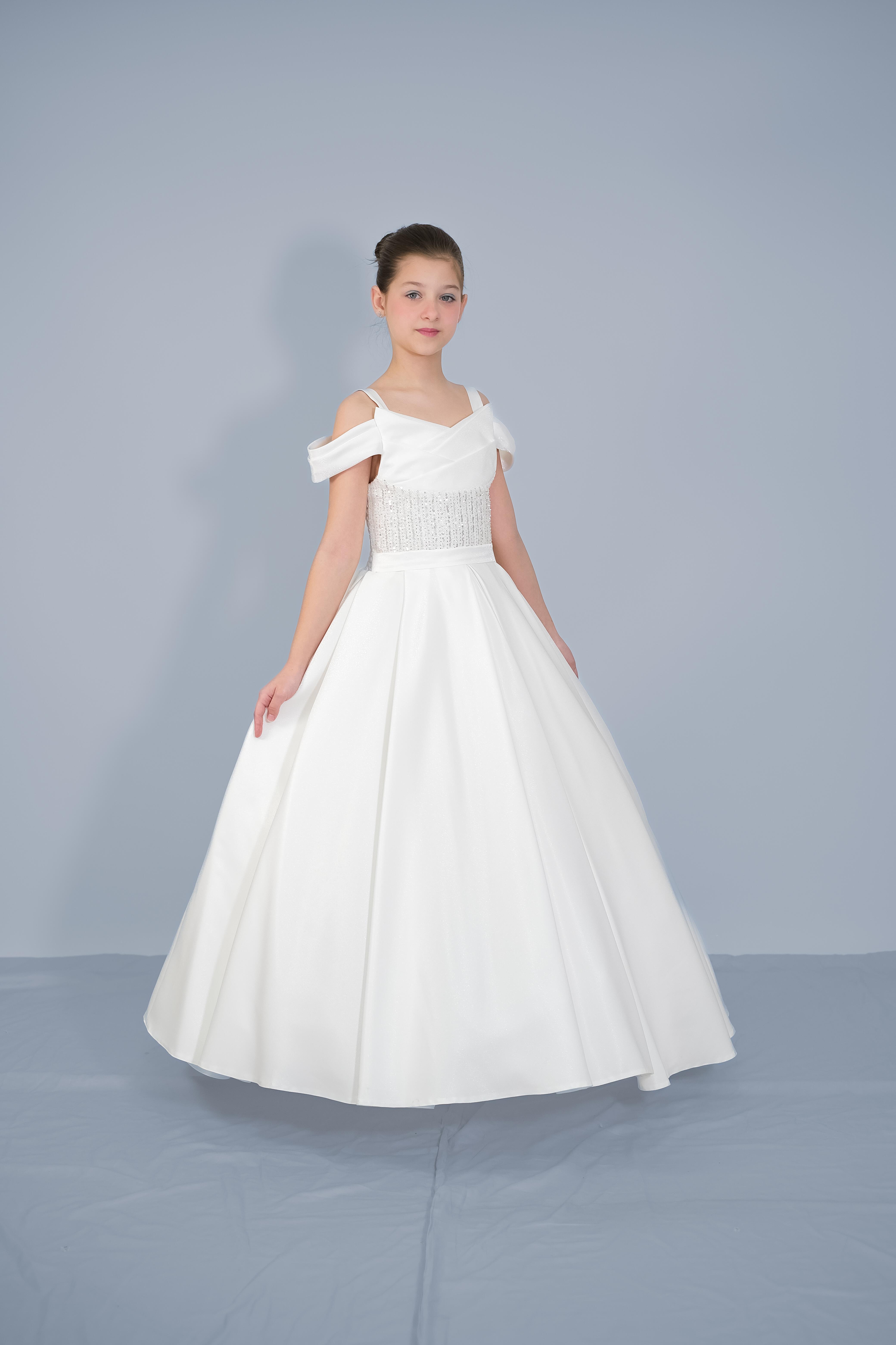 Kız Çocuk Abiye Krem Askılı Düşük Omuzlu Payetli  Sunsihe Kumaş Kasnaklı Gelinlik 2-11 Yaş