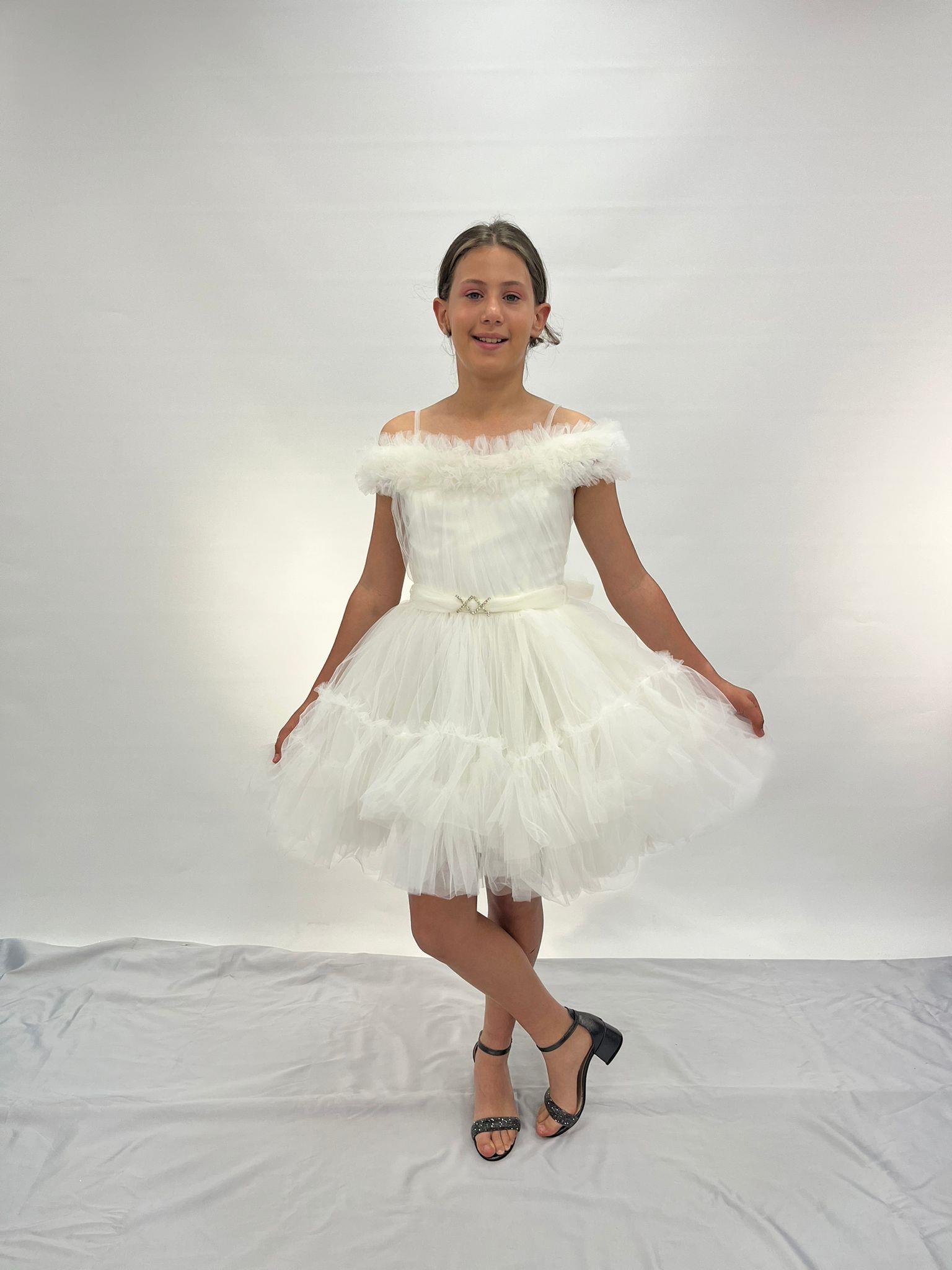 Kız Çocuk Abiye Ekru Askılı Yakası Fırfırlı Beli Tokalı Kısa Kat Tüllü Abiye Elbise 10-14 Yaş