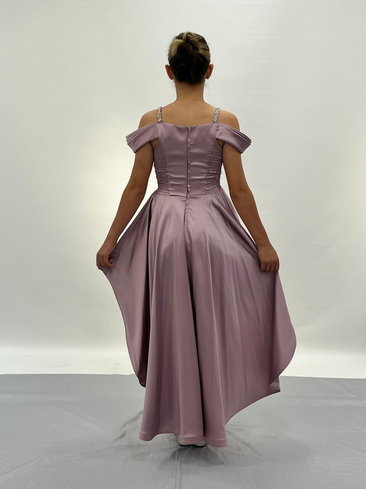 Kız Çocuk Lila Saten Askılı Omuz Taş Detaylı Kuyruklu Abiye Elbise 10-15 Yaş