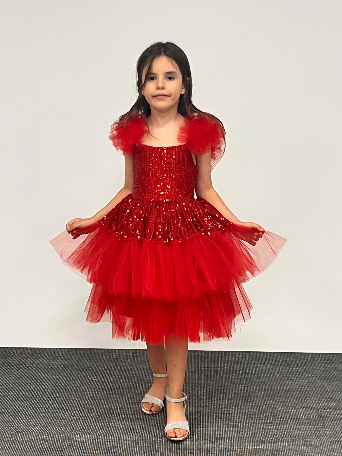 Kız Çocuk Abiye KırmızıTül  Fırfırlı Askılı Pul Payet İşlemeli Tül  Kat Etekli Kısa Abiye Elbise 6-10 Yaş