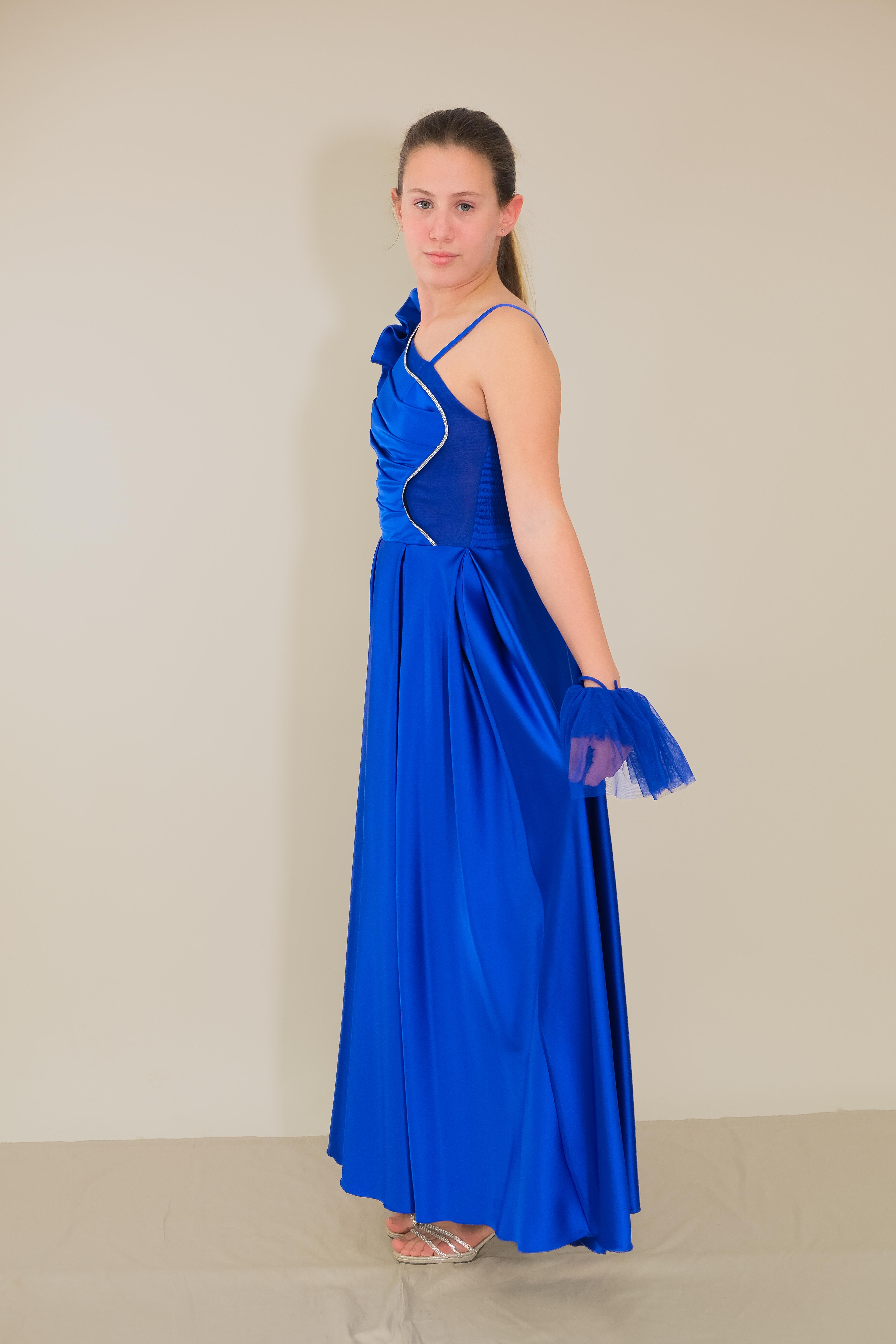 Kız Çocuk Abiye Saten Saksmavi Tek Omuz Farbalı Tül ve Taş Detaylı Eldivenli Abiye Elbise 10-15 Yaş