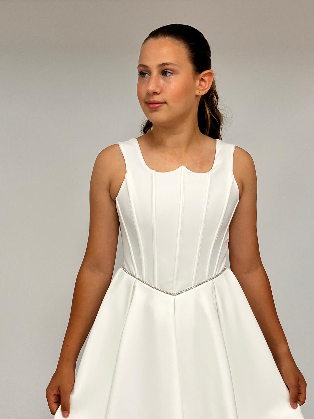 Kız Çocuk Abiye Krem Krep Kısa Bel İnce  Şerit Taş Detaylı Taş  Kısa Abiye Elbise 10-15 Yaş