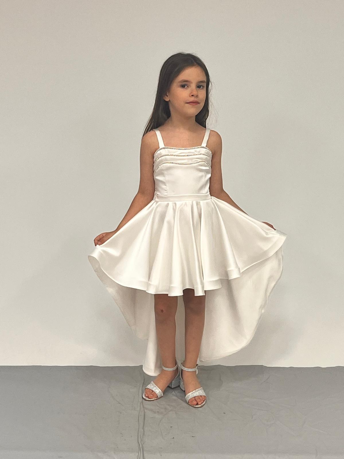 Kız Çocuk Abiye Krem Saten Kuyruklu Yaka Şerit Taşlı  Abiye Elbise 5-10 yaşYaş