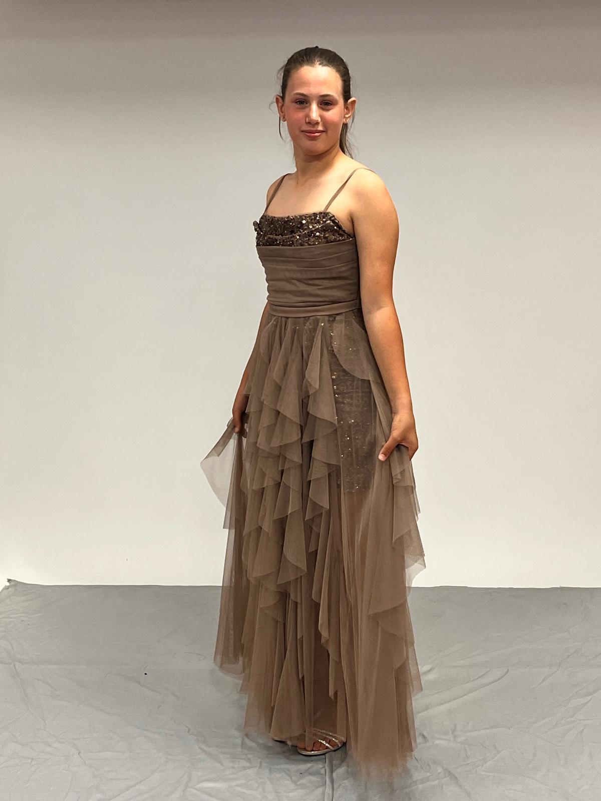 Kız Çocuk Abiye Bronz Kısa Mini Pul Payet İşlemeli Tülden Kat Kat Dalgalı Etekli  Abiye Elbise 10-14 Yaş