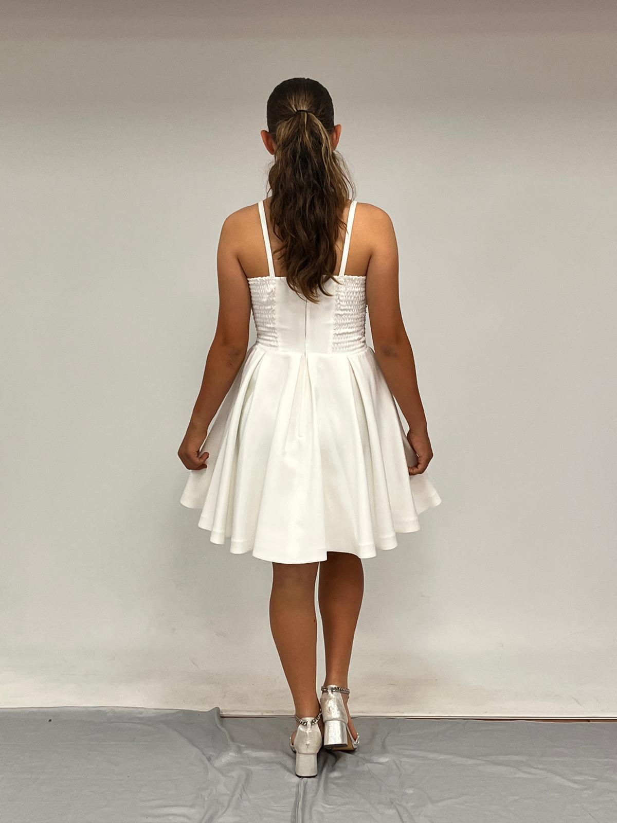 Kız Çocuk Abiye Krem Krep Kısa Pul  Payet İşlemeli Biyeli Korseli Kısa Abiye Elbise 10-15 Yaş