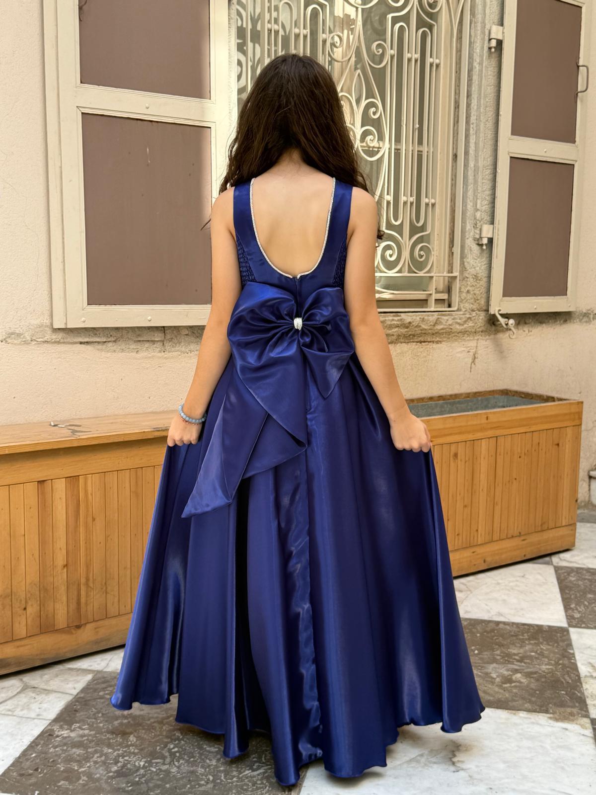 Kız Çocuk Abiye Saks Mavi Parlak Saten Uzun Sırt Fiyonklu Abiye Elbise 10-15 Yaş