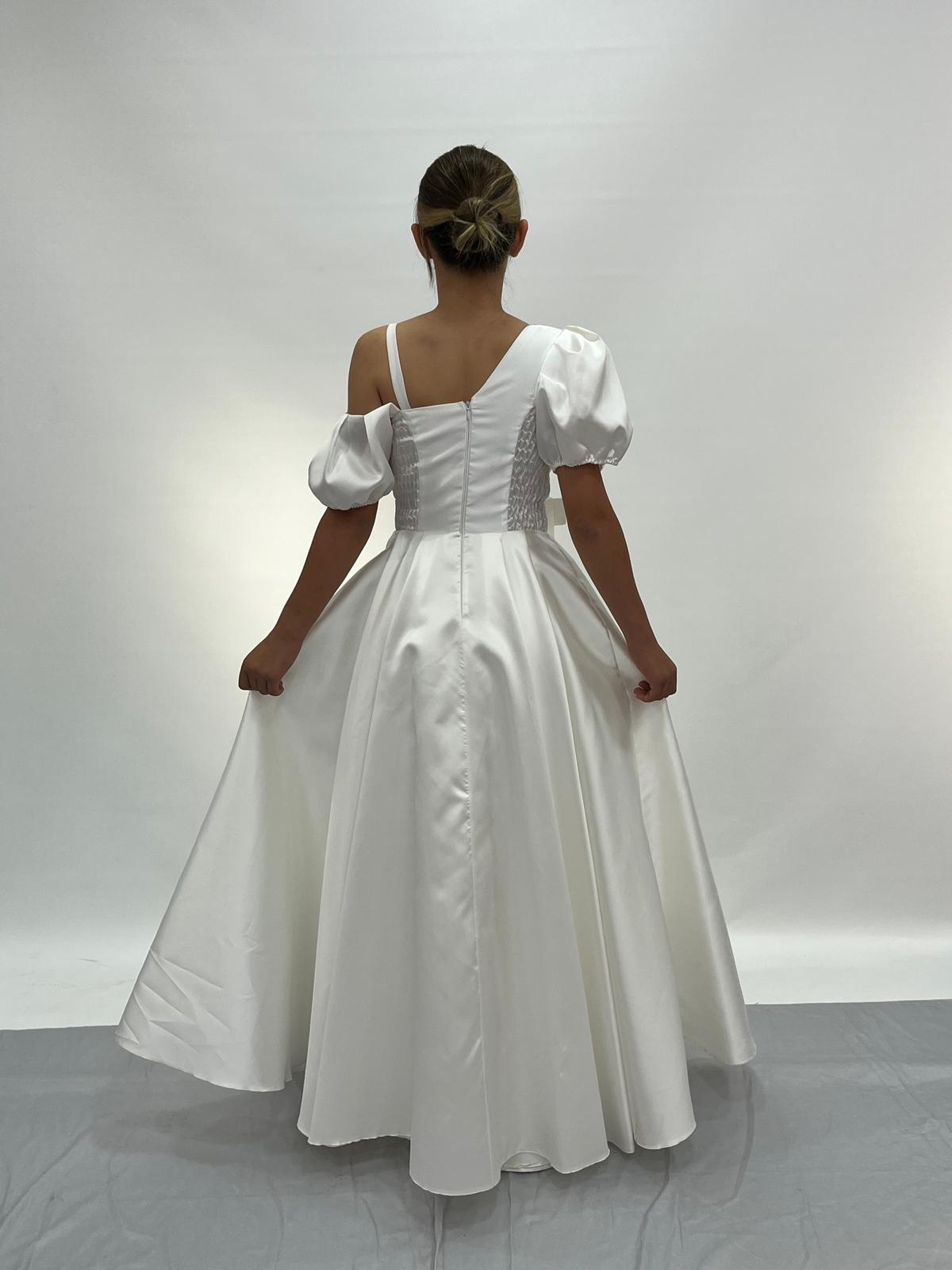 Kız Çocuk Krem Yarım Kollu Uzun Fiyonklu Abiye 10-14 Yaş