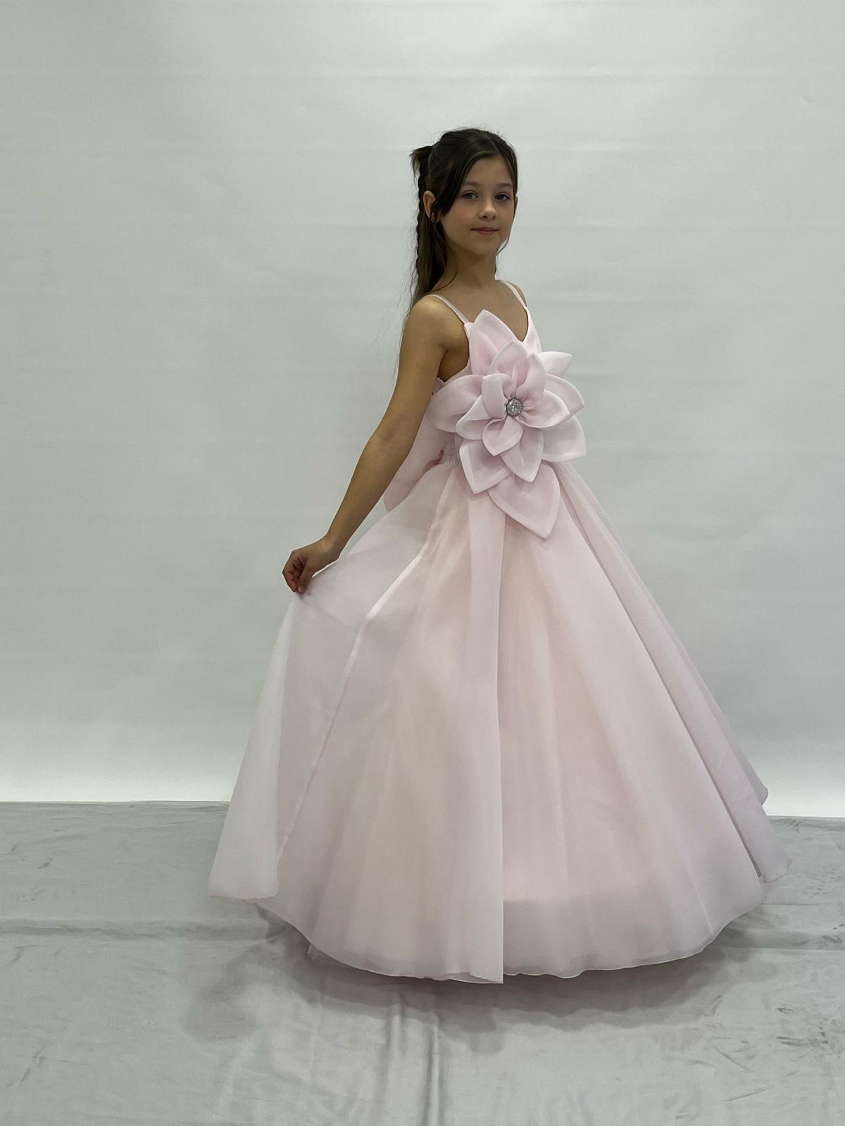 Kız Çocuk Abiye Büyük Çiçekli Taş Detaylı Kasnaklı Çocuk Gelinlik 2-11 Yaş